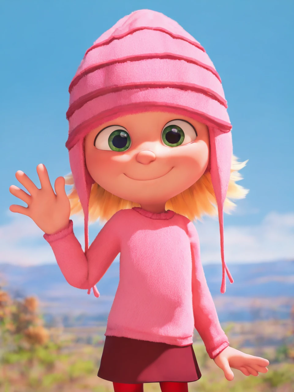 (masterpiece,best quality,newest,absurdres,highres), 3d1thG2u, solo, 1girl, green eyes, blonde hair, closed mouth, pink beanie, red_legwear, pink sweater, red skirt, smile, upper body, raise left arm, day, outdoor, waving, looking at viewer, Volumetric Lighting <lora:Edith_Gru_IllustriousXL_PM:0.8>