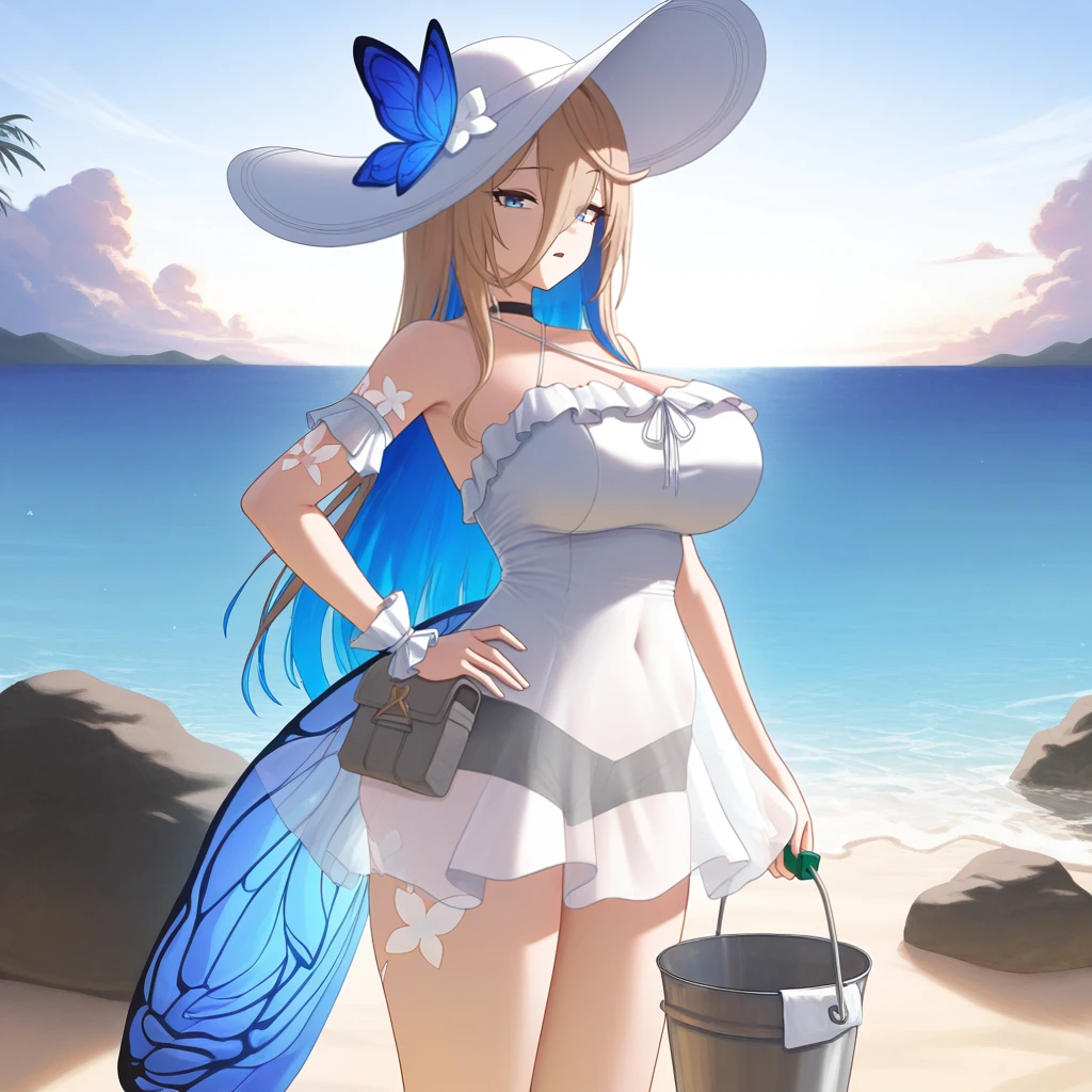masterpiece, best quality, ultra-detailed, very aesthetic, detailed background, year 2023, very aesthetic, newest, scenery, highres, 4k, absurdres, 8k, colorful,vibrant, glowing, perfect face, 2d, perfect eyes, detailed eyes, 1girl, mature body, large breasts, solo, beach, ocean, outdoors, palm trees, rocks, pebbles, detailed background, day, sun, sky, clouds, holding plastic shovel, hand on hip, looking at viewer, from side, confused, open mouth, raised eyebrow, holding plastic bucket, cowboy shot,
AponHi3, Fol001, Apn_Smr, light brown hair, colored inner hair, blue hair, long hair, butterfly on hat, blue butterfly, butterfly wings, frilled dress, white dress, sundress, criss-cross halter, criss-cross strings, choker, navel visible through clothing, see-through skirt, white ribbon, summer hat, white headwear, white frilled armband, grey pouch, see-through, see-through dress, shorts under dress, black shorts, micro shorts, white flower, flower tattoo, arm tattoo, white tattoo, leg tattoo, angelic wings, low wings, single wrist cuff, white wrist cuffs,
masterpiece, best quality, ultra-detailed, very aesthetic, newest, scenery, absurdres, perfect anatomy, perfect legs, perfect face, perfect eyes, clear eyes, beautiful eyes,