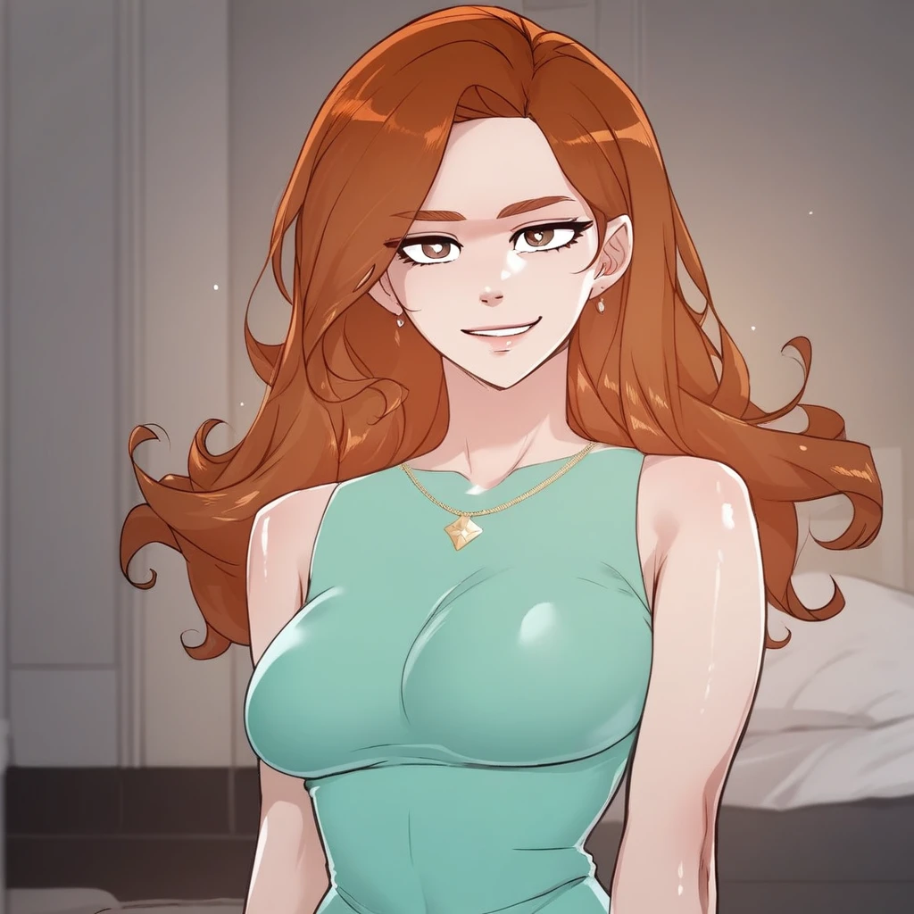 score_9, score_8_up, score_7_up, score_6_up, source_anime, BREAK, 1girl, solo, (( <lora:jang_mi-na:1> , jang_mi-na, beautiful light brown eyes, clear eyes, bright pupils, beautiful eyes, beautiful orange-brown hair, beautiful long hair, huge and shaggy breasts, thin waist, wide hips, beautiful skin, natural beauty, extraordinary beautiful woman, attractive woman, super sexy woman, lustful body, sexy woman with seductive obscene body, sensual body, voluptuous body, sexy beauty, )) , smirk, sassy, smug, ((sexy sleeveless green dress, gold necklace with gold pendant, small earrings, )) , very detailed, high detailed texture, looking at viewer, indoor, bedroom, sexy pose, seducative pose,