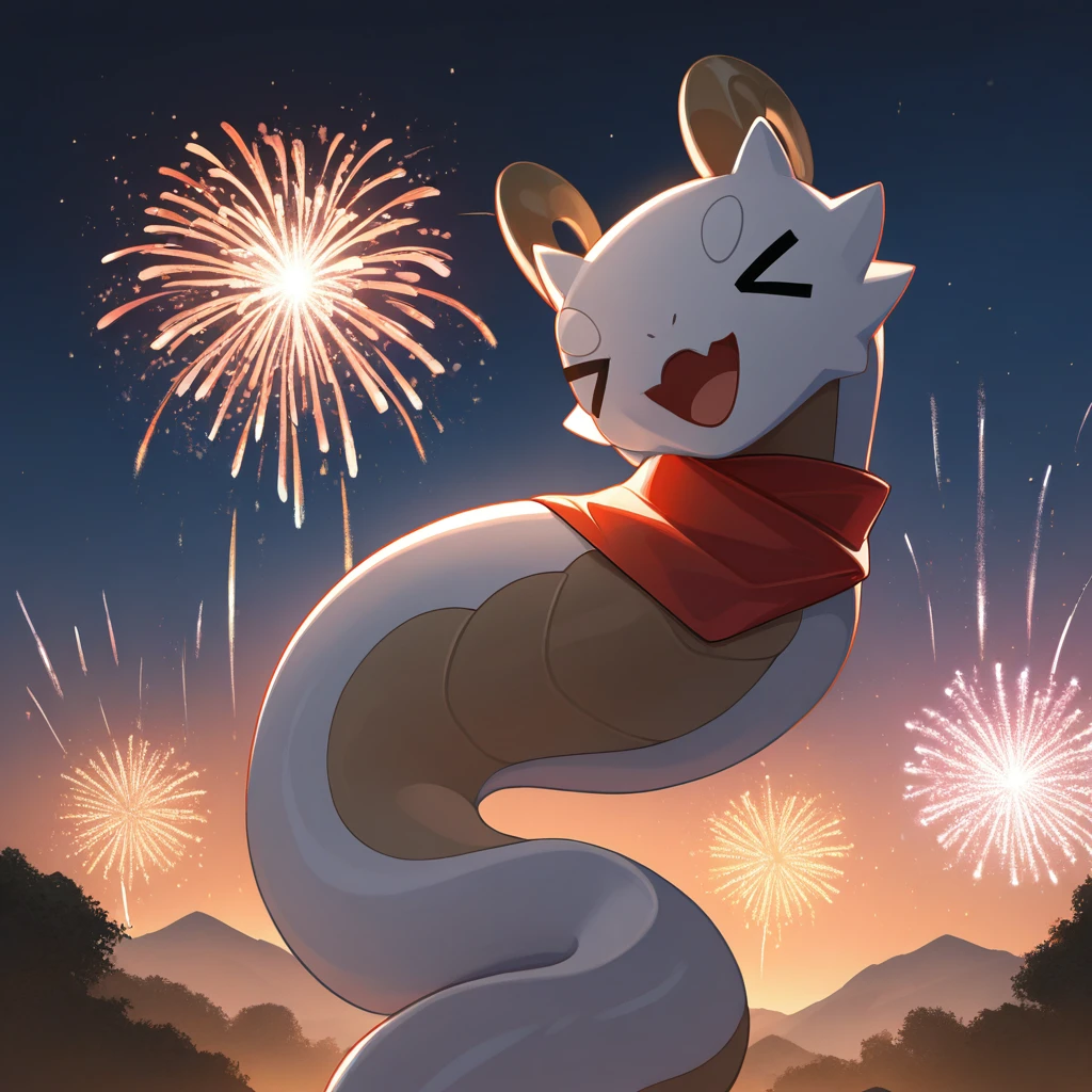 masterpiece, best quality, ultra-detailed, very aesthetic, detailed background, year 2023, very aesthetic, newest, scenery, highres, 4k, absurdres, 8k, colorful,vibrant, glowing, perfect face, 2d, perfect eyes, detailed eyes, 1girl, solo, night sky, cowboy shot, fireworks, smile, open mouth, >_<, RicCakHi3, animal, red scarf, horns, no humans, snake, white snake,
masterpiece, best quality, ultra-detailed, very aesthetic, newest, scenery, absurdres,