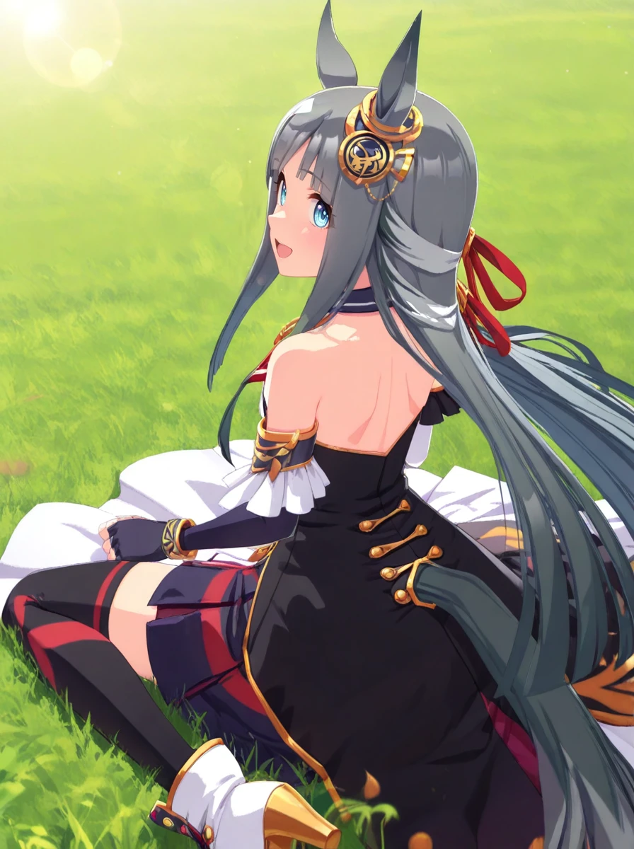 masterpiece, best quality, absurdres,ultra detailed,floating hair,
chrono genesis\(umamusume\), 1girl, horse ears, ear ornament, looking at viewer, mismatched black thighhighs, horse tail, fingerless black gloves, two-tone skirt, sleeveless, mismatched gloves, ankle boots, :d, mismatched detached sleeves, backless multicolored asymmetrical dress, collared halterturtleneck shirt, single bracelet, red neckerchief, red hair ribbon ornament,white sleevele,black sleevele
big smile,
on grass, wariza, from behind,
motion blur, lens flare,
<lora:ILL_chrono_genesis_ver1.0:0.8>