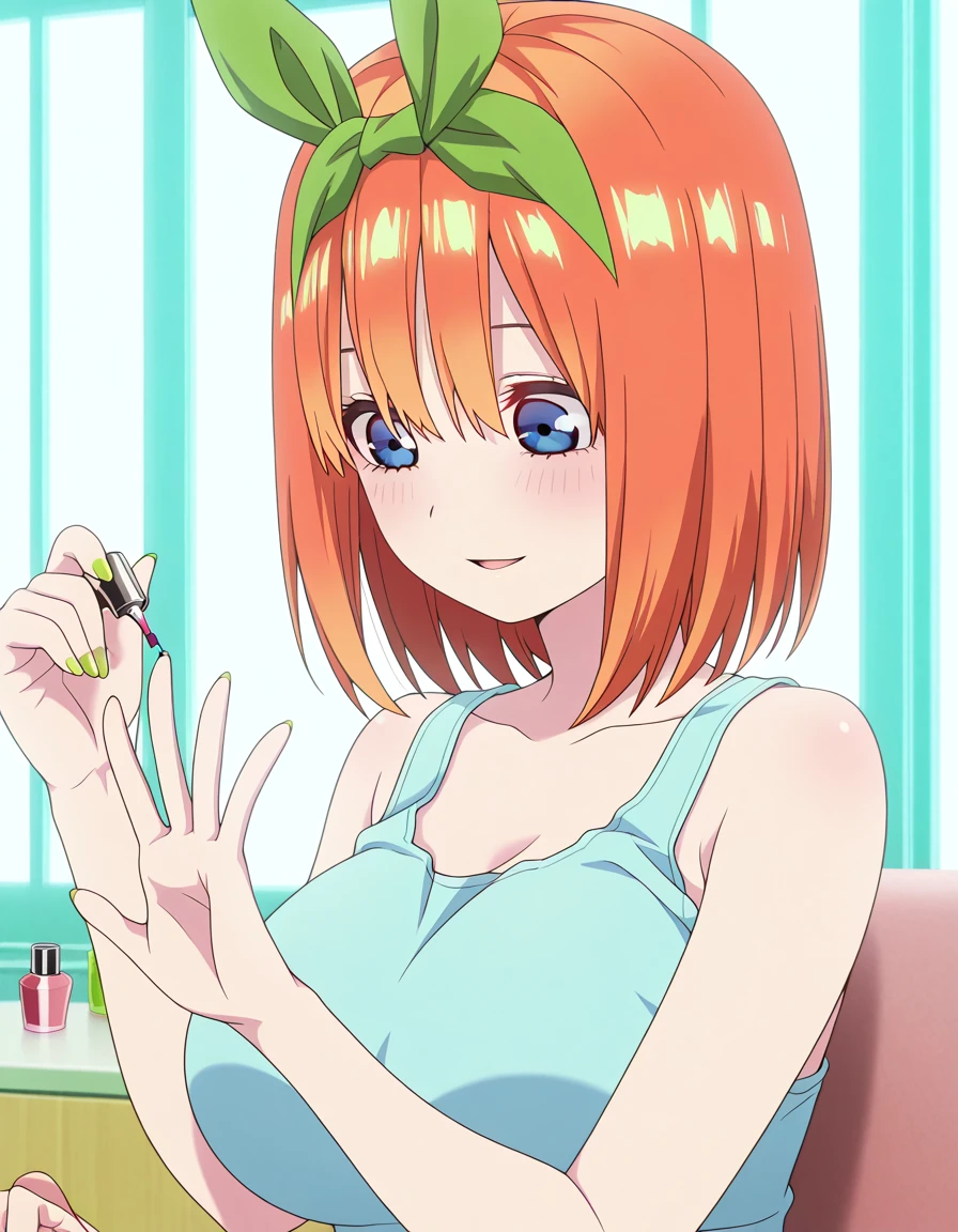 masterpiece, best quality, amazing quality,, <lora:yotsuba-nakano-s2-ponyxl-lora-nochekaiser:1>, yotsuba nakano, bangs, short hair, blue eyes, hair between eyes, hair ribbon, hairband, orange hair, green ribbon, large breasts, anime screencap, <lora:applying-manicure-illustriousxl-lora-nochekaiser:1>, applying manicure, looking down, blush, smile, bare shoulders, sitting, collarbone, nail polish, sdolphin shorts, tank top, fingernails, parted lips,, ,