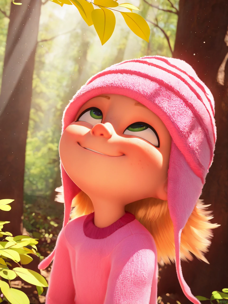 (masterpiece,best quality,newest,absurdres,highres), 3d1thG2u, solo, 1girl, green eyes, blonde hair, pink beanie, pink sweater, smile, outdoors, tree, leaf, sunlight, nature, light particles, forest, light rays, light, sunbeam, dappled sunlight, looking up, light shining on face, squinting, upper body <lora:Edith_Gru_IllustriousXL_PM:0.7>