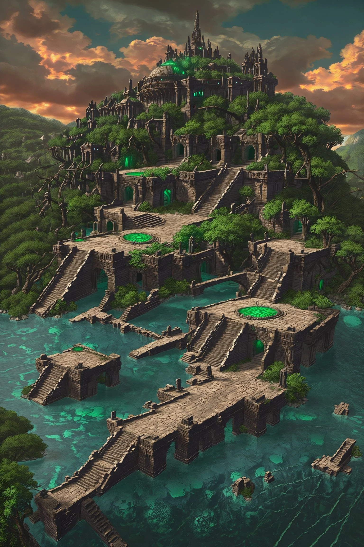 (masterpiece, best quality:1.5), absurdres, intricate details, 8k, fantasy, retro artstyle, , LODBG, no humans, outdoors, cloud, water, tree, glowing, nature, scenery, science fiction, volumetric lighting, perfect composition, highly detailed, extremely detailed landscape, (hyper detailed), ruins