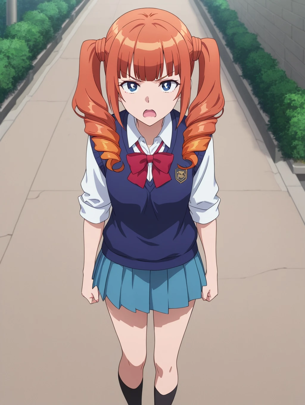 masterpiece, best quality, newest, absurdres, highres, detailed eyes, beautiful, detailed background, perfect eyes, anime coloring, anime screencap, 1girl, solo, wise (okaa-san online), orange hair, long hair, twintails, twin drills, blunt bangs, sidelocks, blue eyes, school uniform, white collared shirt, sleeves rolled up, blue sweater vest, red bowtie, blue pleated skirt, black socks, looking at viewer, annoyed, frown, open mouth, (outdoors)