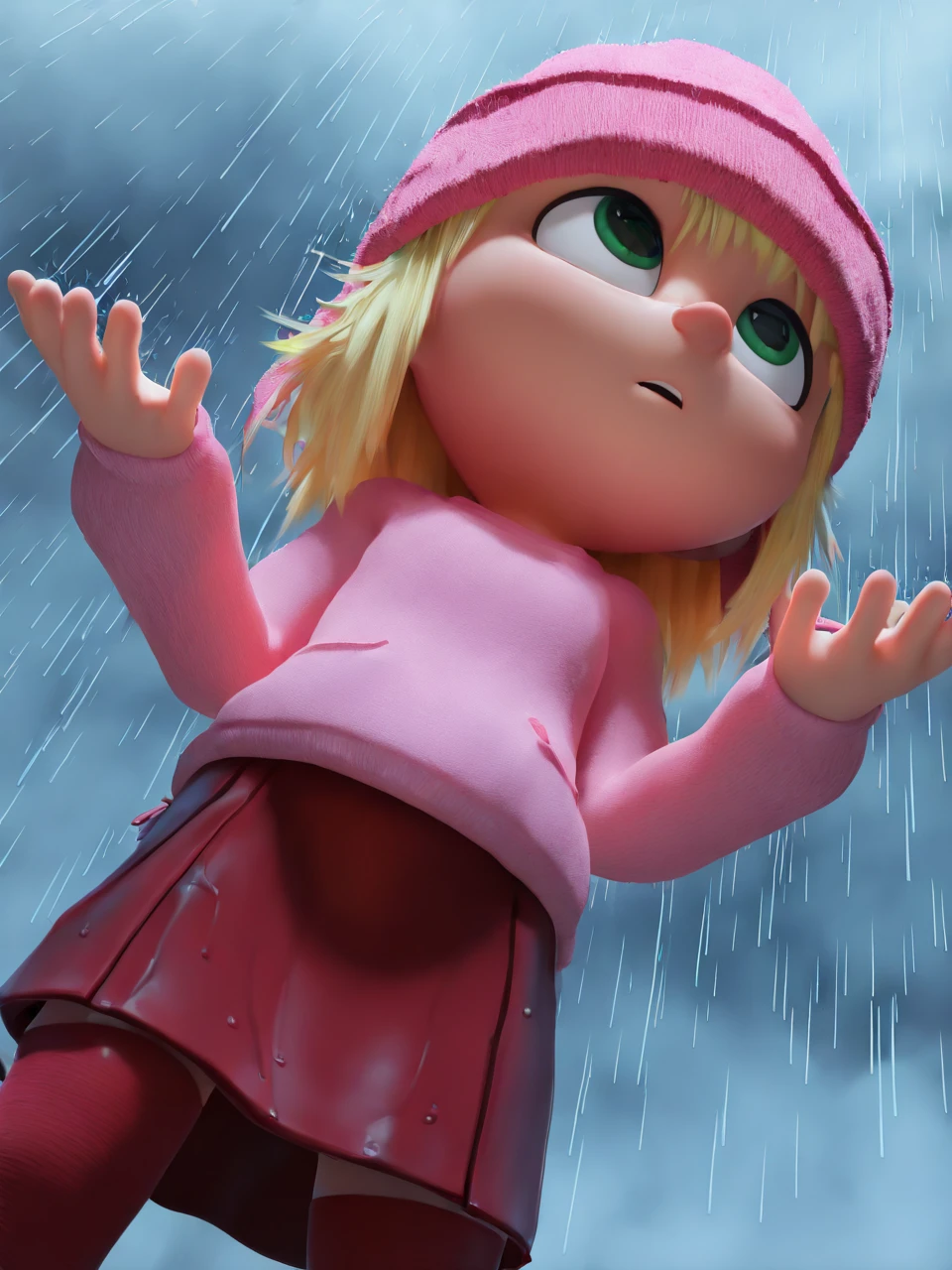 (masterpiece,best quality,newest,absurdres,highres), 3d1thG2u, solo, 1girl, green eyes, blonde hair, pink beanie, red_legwear, pink sweater, red skirt, looking up, hands up, raining, mist, fog, from below, wet <lora:Edith_Gru_IllustriousXL_PM:0.7>