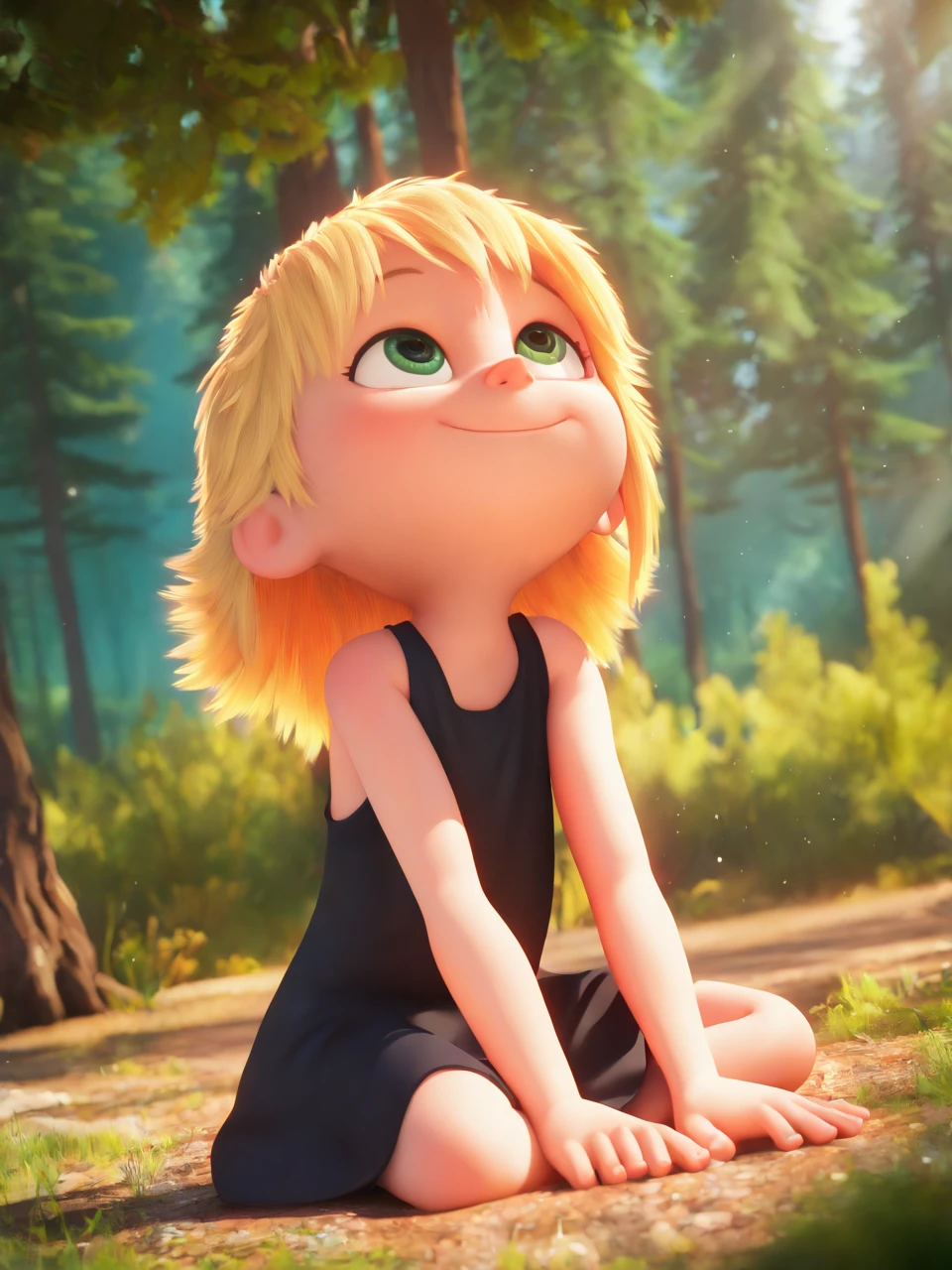 (masterpiece,best quality,newest,absurdres,highres), 3d1thG2u, solo, 1girl, green eyes, blonde hair, smile, looking up, bare shoulders, sitting, closed mouth, full body, outdoors, sleeveless, black dress, tree, bare arms, sleeveless dress, depth of field, blurry background, sunlight, nature, light particles, forest, on ground,r <lora:Edith_Gru_IllustriousXL_PM:0.9>