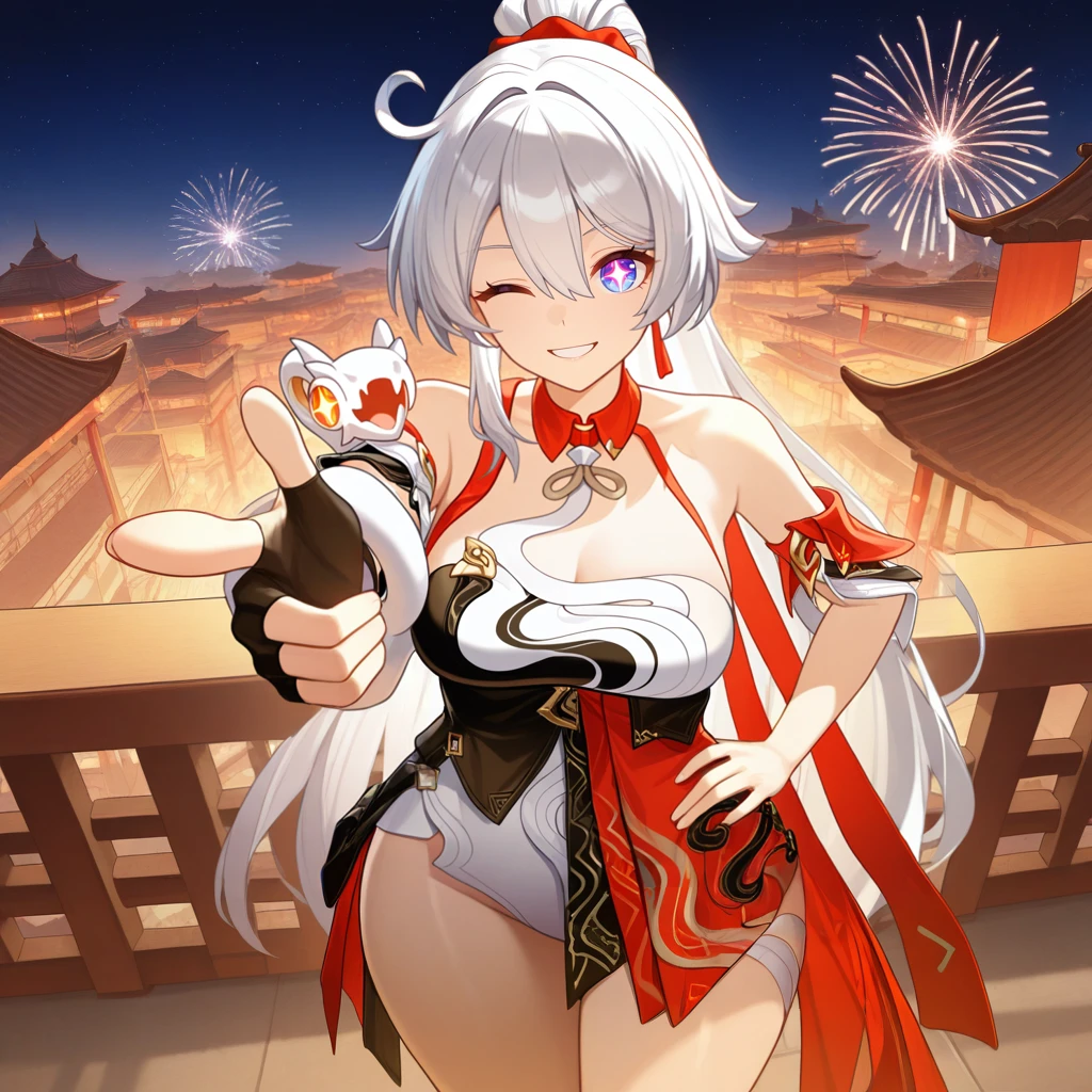 masterpiece, best quality, ultra-detailed, very aesthetic, detailed background, year 2023, very aesthetic, newest, scenery, highres, 4k, absurdres, 8k, colorful,vibrant, glowing, perfect face, 2d, perfect eyes, detailed eyes, 1girl, solo, Chinese new year, Chinese architecture, Chinese decor, balcony, railing, fireworks, outdoors, detailed background, night, night sky, night time, face focus, posing, starry sky, high-angle view, cowboy shot, excited smile, parted lips, +_+, finger gun, one eye closed, wink, finger pointing at viewer, looking at viewer, hand on hip, snake on shoulder, RicCakHi3, animal, red scarf, horns, snake, white snake, KiaKaBum, high ponytail, kiana kaslana, white hair, long hair, blue eyes, symbol-shaped pupils, white leotard, leotard under clothes, black corset, corset, underbust, snake print, detached collar, chinese clothes, red collared collar, half-skirt, high-waist skirt, red skirt, red waist cape, snake around leg, asymmetrical clothes, single-shoulder cape, single bare shoulder, red cape, light brown neck ribbon, halterneck, single detached sleeve, sleeve garter, layered clothes, jewelry, white puffy sleeves, layered sleeves, single sleeve, arm strap, armlet, single wrist guard, single fingerless glove, black gloves, red tassel, hair scrunchie,
masterpiece, best quality, ultra-detailed, very aesthetic, newest, scenery, absurdres, perfect anatomy, perfect legs, perfect face, perfect eyes, clear eyes, beautiful eyes,
