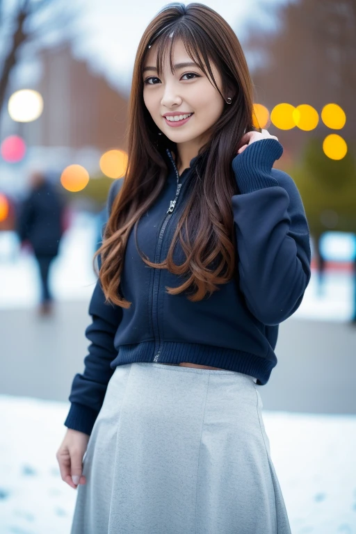 1girl,,(RAW photo, best quality), (realistic, photo-realistic:1.4), masterpiece, an extremely delicate and beautiful, extremely detailed, 2k wallpaper, Amazing, finely detail, extremely detailed CG unity 8k wallpaper, ultra-detailed, highres, soft light, beautiful detailed girl, extremely detailed eyes and face, beautiful detailed nose, beautiful detailed eyes,cinematic lighting,perfect anatomy,slender body
(at a park), (winter scenery),(snow park in the background), Sapporo Odori Park Winter Festival, festival lights (bokeh)
(wearing winter jacket) (long skirt)
<lora:chest size:-1>
<lora:kumadayokoV2_lora:0.8>,smiling