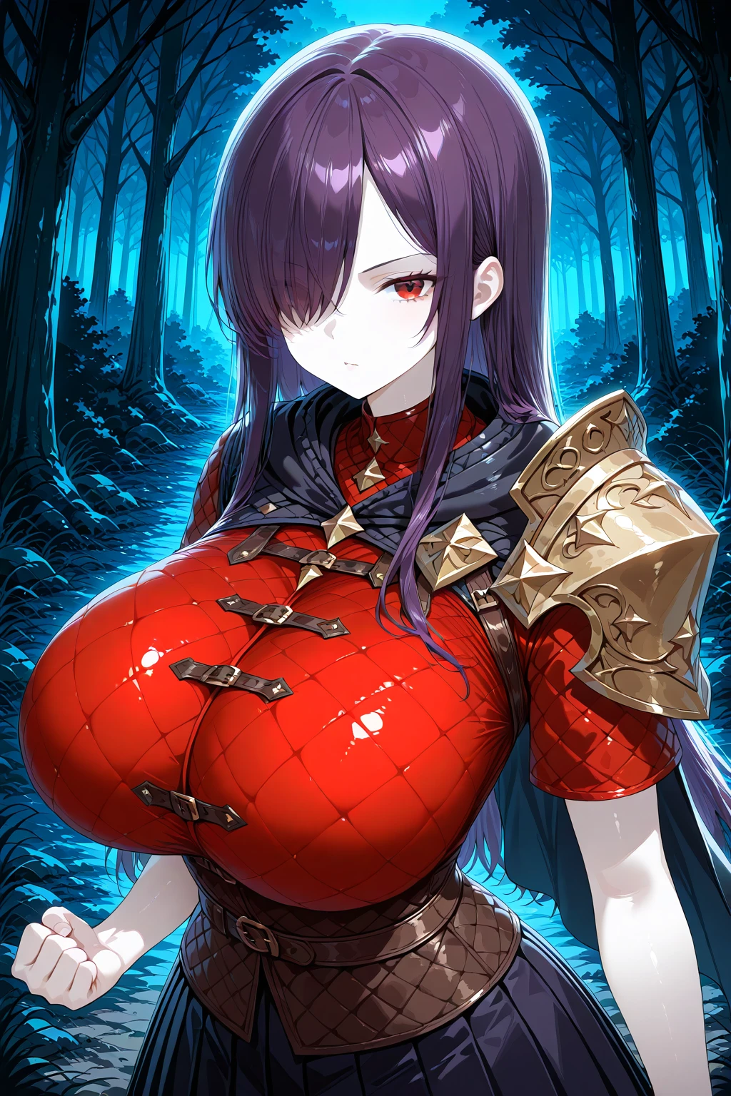 1girl, solo, gambeson shirt, <lora:Gambeson Shirt Illustrious:0.6>, huge breasts, looking at viewer, purple hair, pale skin, straight hair, hair over one eye, clenched hand, forest, night, short sleeves, single pauldron, black cape, glare, red eyes, pleated skirt