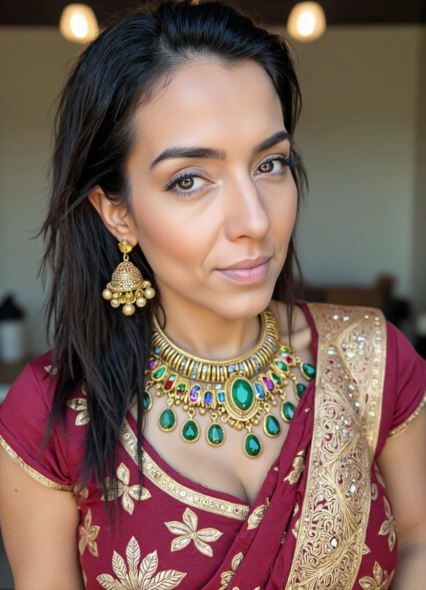 SFW, brightly lit, aidmaimageupgrader, This is a high-resolution photograph of a woman,captured from a slightly elevated angle, focusing on her upper body and face. she has a medium brown skin tone and dark hair styled in a sleek ponytail. She has a serious expression, with her lips slightly parted and wearing subtle makeup that highlights her features. she is dressed in a traditional maroon and gold sari, with intricate patterns visible on the fabric. The sari is adorned with gold embellishments, and she wears a statement necklace featuring a large central pendant with colorful stones. Her earrings are also gold and adorned with green stones. The background is blurred, drawing attention to ShoAgh, and appears to be an outdoor setting with soft, natural lighting. The depth of field is shallow, keeping ShoAgh in sharp focus while the background remains out of focus. The image has a soft, natural lighting quality, likely taken during the day with natural sunlight. This photograph appears to be taken by a professional photographer, evident from the clarity, composition, and lighting. The photo captures a moment of poised elegance and is likely used for formal or professional purposes.<lora:pony\Letha_Weapons_Pony_-_Adult_Actress_and_Model.safetensors:1.0:1.0> <lora:flux\custom\personal\jerz-jess.safetensors:1.05:1.05> <lora:turbo-8-step-flux.safetensors:0.5:0.5> <lora:flux\style\Common\aidmaImageUprader-FLUX-v0.3.safetensors:0.5:0.5>