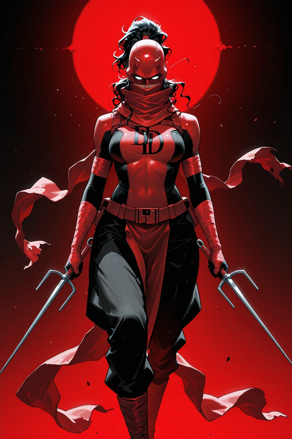 masterpiece, good quality, best quality, very awa, very as2, absurdres, highres
<lora:Female DaredevililluLoRA:1>femdare, dark-skinned female, black hair, wavy hair, very long hair, high ponytail, blank eyes, white eyes, helmet, horns, mask, red scarf, scarf over mouth, print bodysuit, black lettering "DD" on chest, bandages, gloves, utility belt, belt pouch, pelvic curtain, baggy pants, boots, holding sai (weapon), dual wielding, dark background, red spotlight, glowing eyes