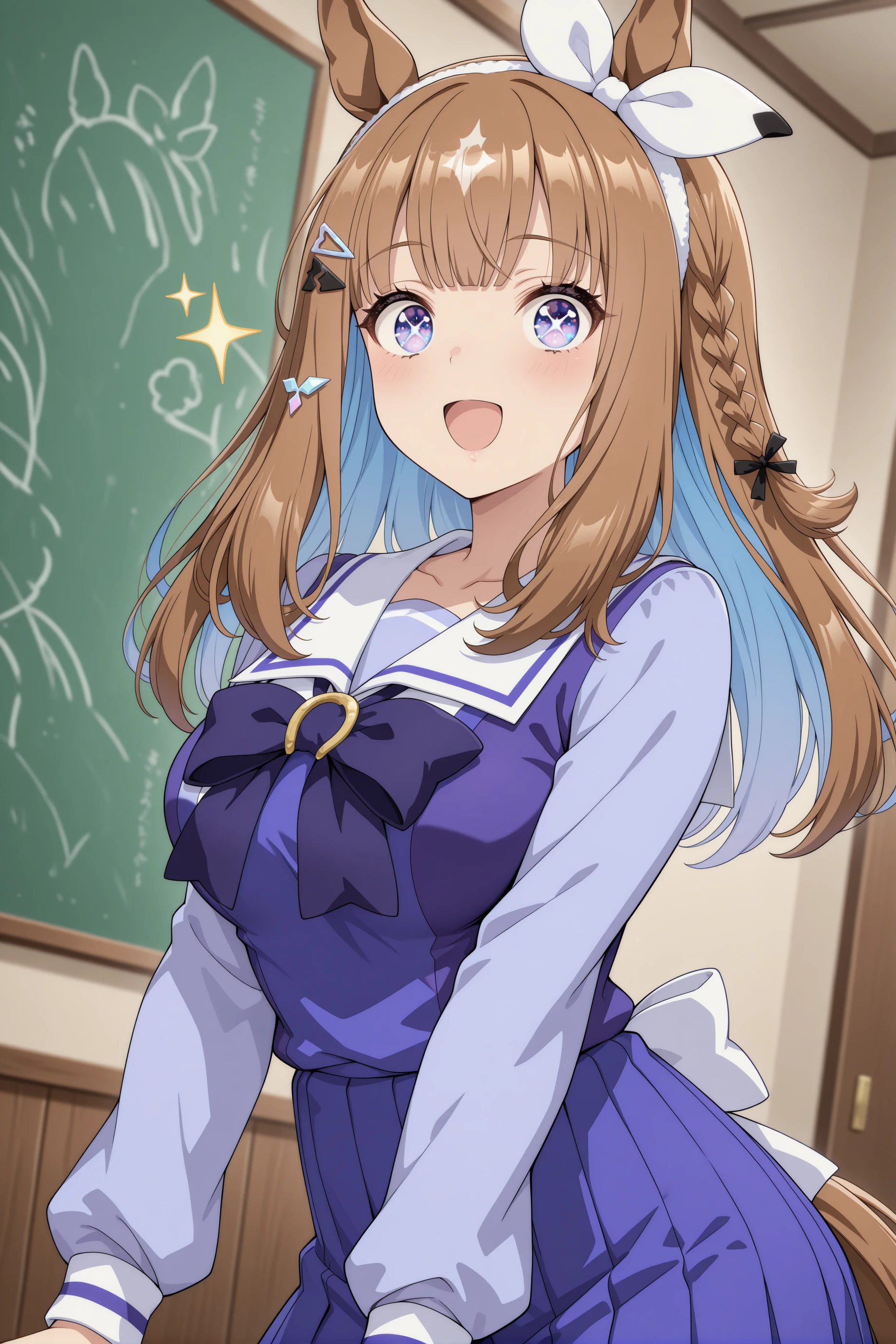 1girl, almond eye (umamusume), horse girl, animal ears, horse ears, medium breasts,solo,
blue eyes, x-shaped pupils, sparkling eyes,
brown hair, blue hair, long hair, side braid, hairclip, diamond hair ornament, colored inner hair,
headband, hairband,
<lora:almondeye_Illust_v2:0.8>
tracen school uniform, long sleeves, blue skirt,
dutch angle, upper body, looking at viewer, excited, home economics room, open mouth,
(masterpiece, best quality, newest, highres), (anime coloring:1.4), (anime screenshot:1.1),