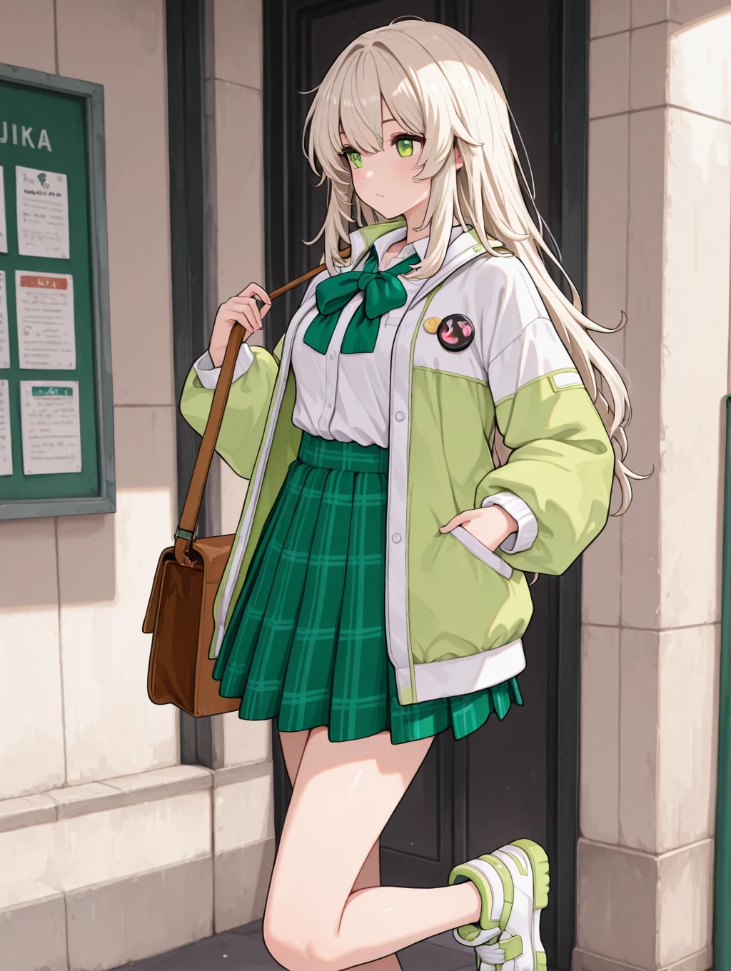 <lora:SW_YOMI_OUTFITV2_IXL:1> 1girl,yomieastoutfit, two tone jacket,white collared shirt, pleated skirt,brown shoulder bag, green skirt, green bowtie,open jacket, plaid skirt,shirt tucked in, button badge, two tone sneakers
, best quality, masterpiece,