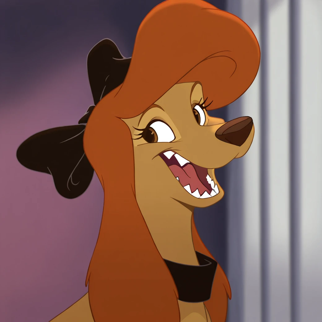 dixiedog, 1girl, solo, smile, open mouth, teeth, blurry, looking to the side, depth of field, blurry background, hair bow, sharp teeth, portrait, furry, furry female, retro artstyle, anime coloring, dog, body fur, brown fur, animal, brown eyes, black bow, orange hair, (masterpiece), (best quality), (ultra-detailed), amazing quality, very aesthetic, illustration, perfect composition, intricate details, absurdres, incredibly absurdres, <lora:dixie_illustrious:1>