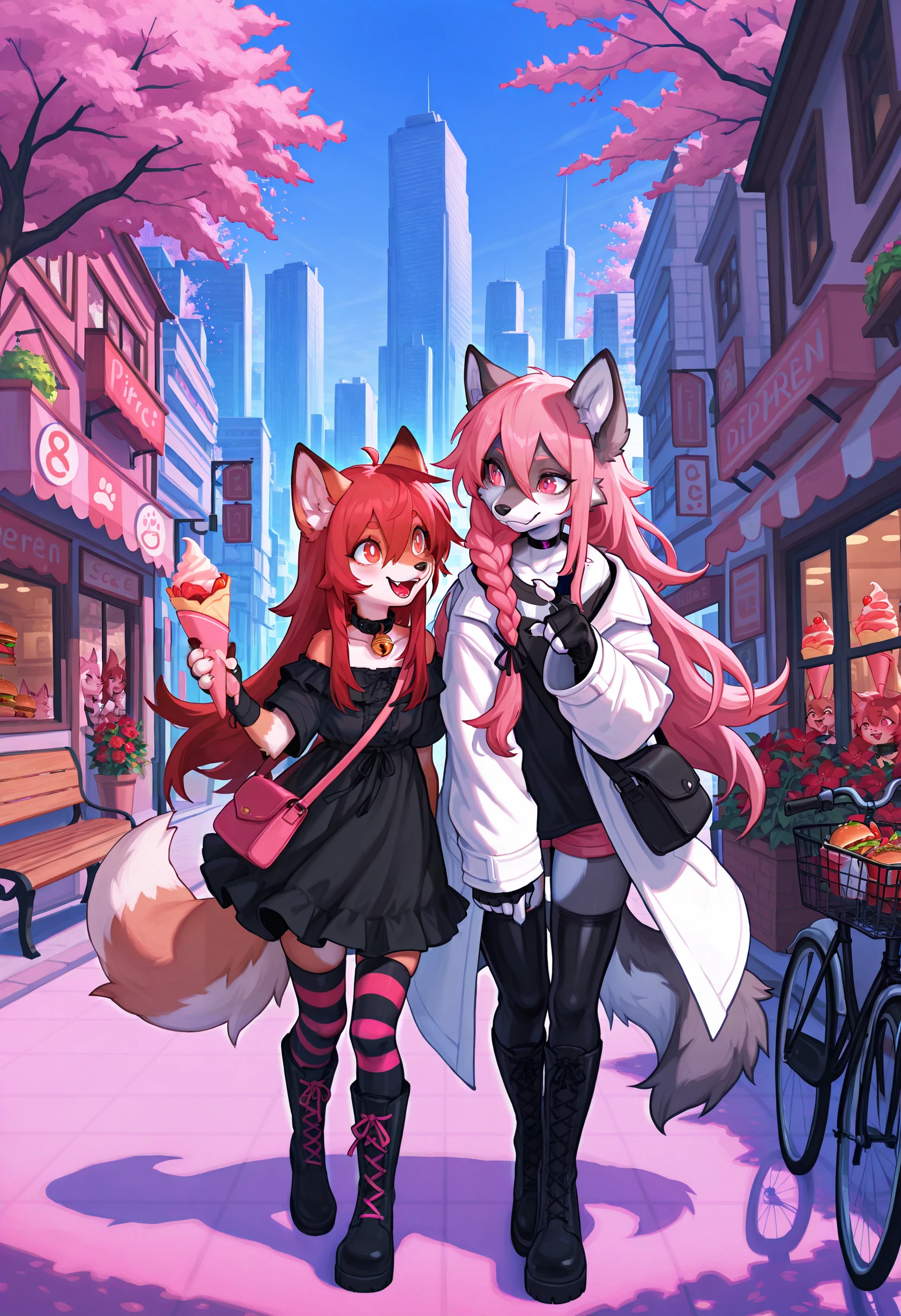 (dispersion_(optics):1.6), colorful_theme nightclub, indoors, dimly_lit, glowing, wind_lift, long_hair, blush, smile, open_mouth, bangs, multiple_girls,eyebrows_visible_through_hair, thighhighs, red_eyes, shirt, gloves, dress, ribbon, long_sleeves, original, 2girls, animal_ears, holding, hair_between_eyes, very_long_hair, closed_mouth, purple_eyes, standing, collarbone, tail, jacket, pink_hair, braid, flower, full_body, :d, short_sleeves, pantyhose, white_shirt, red_hair, boots, sidelocks, food, frills, sky, outdoors, horns, shorts, day, choker, striped, teeth, fang, black_gloves, cat_ears, fingerless_gloves, pink_eyes, hand_up, bag, off_shoulder, twin_braids, black_footwear, looking_at_another, collar, black_dress, tree, blue_sky, cat_tail, flat_chest, coat, sleeves_past_wrists, single_braid, window, fox_ears, bell, animal_ear_fluff, fruit, :3, black_shirt, fox_tail, thigh_boots, fangs, happy, knee_boots, wolf_ears, upper_teeth, commission, black_choker, frilled_dress, pointing, plant, cherry_blossoms, holding_food, slit_pupils, white_jacket, building, clenched_hand, red_flower, dog_ears, hair_over_shoulder, side_braid, wolf_tail, index_finger_raised, eye_contact, cat_girl, cross-laced_footwear, fox_girl, spikes, pink_flower, neck_bell, walking, bright_pupils, furry, stairs, dog_tail, city, height_difference, sign, ice_cream, shoulder_bag, railing, white_pupils, lace-up_boots, road, bench, potted_plant, furry_female, white_coat, layered_sleeves, black_collar, dog_girl, architecture, cherry, oversized_clothes, lamppost, burger, street, shelf, bicycle, skyscraper, side-by-side, ice_cream_cone, shop, holding_another's_arm, town, crepe, spring_(season))