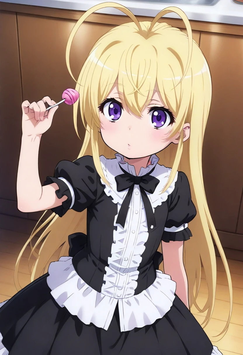 best quality, 1girl, fbl, long hair, antenna hair, child, black dress, puffy sleeves, short sleeves, black bowtie, frills, holding lollipop, <lora:fbl_sIl:1>