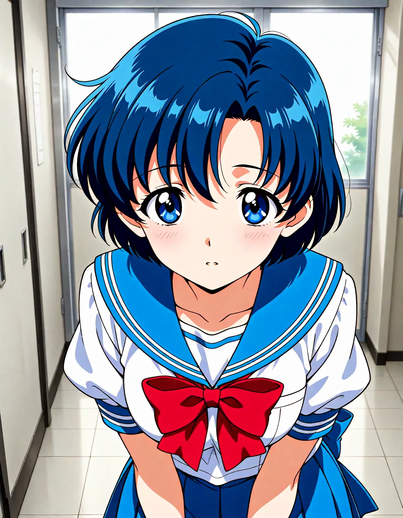 <lora:dmd2_sdxl_4step:1>,1girl,official style,masterpiece,best quality,newest,absurdres,highres,very awa,Anime,anime coloring,anime screencap,<lora:sailor_mercury_v3:1>,mizuno ami,1girl,solo,blue eyes,blue hair,short hair,medium breasts,skirt,blue skirt,blue sailor collar,school uniform,sailor collar,pleated skirt,blue back bow,serafuku,short sleeves,puffy sleeves,red bow,puffy short sleeves,