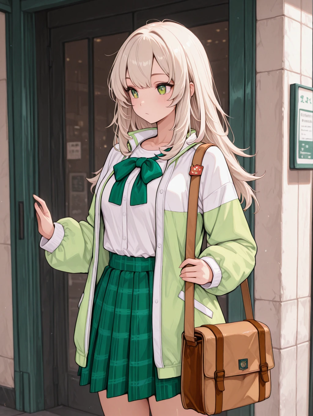 <lora:sw_yomi_IXL:0.9><lora:SW_YOMI_OUTFITV2_IXL:1> 1girl,omieastoutfit, two tone jacket,white shirt, pleated skirt,brown shoulder bag, green skirt, green bowtie,open jacket, plaid skirt,shirt tucked in,
, best quality, masterpiece,