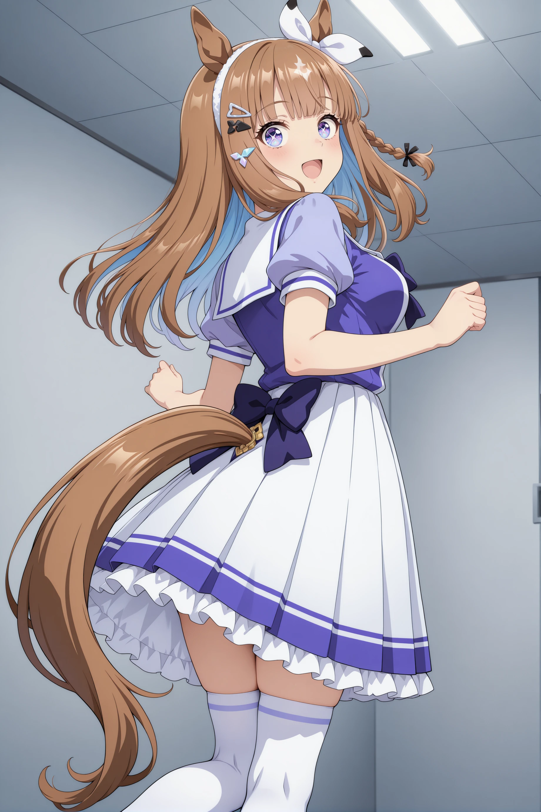 1girl, almond eye (umamusume), horse girl, animal ears, horse ears, medium breasts,solo,
blue eyes, x-shaped pupils, sparkling eyes,
brown hair, blue hair, long hair, side braid, hairclip, diamond hair ornament, colored inner hair,
headband, hairband,
<lora:almondeye_Illust_v2:0.8>
tracen school uniform, short sleeves, white skirt,
ceiling, feet out of frame, looking back, excited, college, open mouth,
(masterpiece, best quality, newest, highres), (anime coloring:1.4), (anime screenshot:1.1),