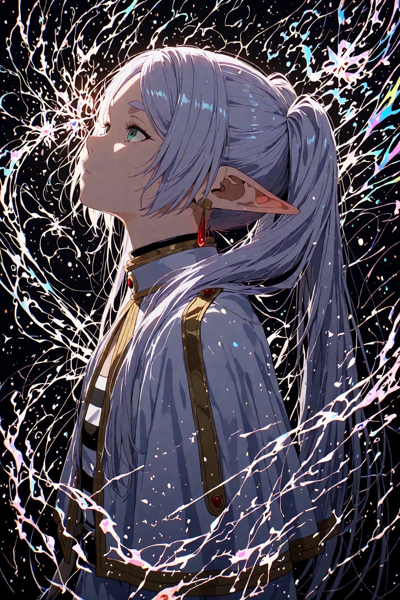 frieren,
masterpiece, best quality, good quality,
abstract, neon, upper body, looking afar, celestial aura, dark, particles, fractal