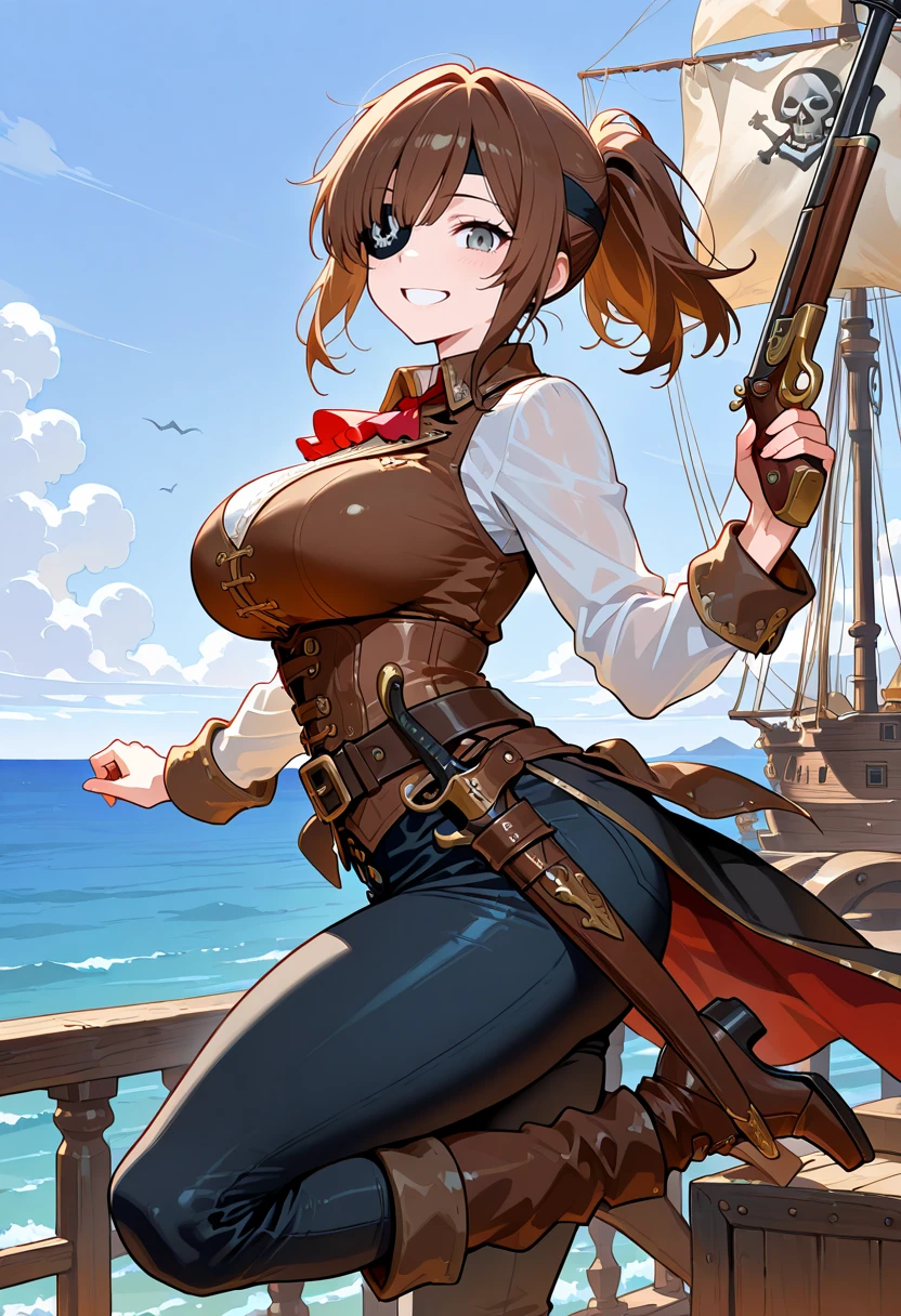 ((masterpiece, best quality, high resolution, UHD, pixel perfect, depth of field, 32k)), 1 girl, brown hair, brwon eyes, big breast, girl style anime, cowboy shot, BREAK, girl wearing Women's Steampunk Pirate Costume Burlesque Ruffle Long Skirt Gothic Renaissance Skirt, oily skin, with a lot of sweat on the body, with a sword in the hand, in a pirate ship.