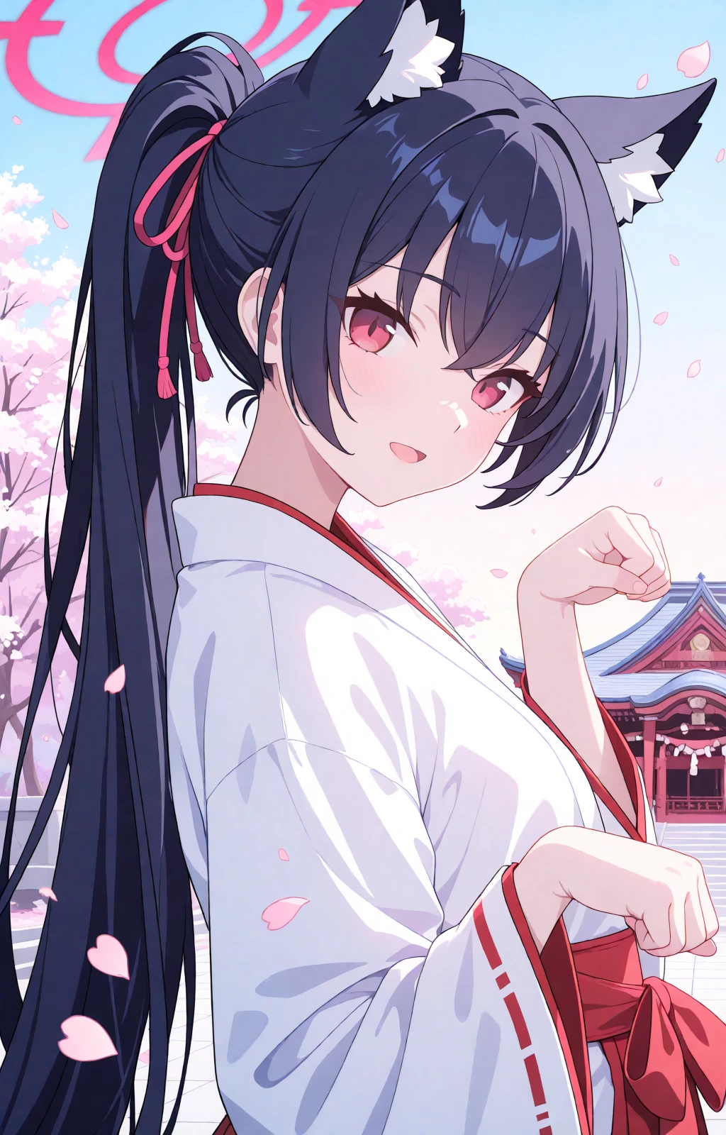 solo, 1girl,  serika \(blue archive\), ponytail, 
masterpiece, pastel colors, flat color, 
sky, cherry blossoms, petals, temple,  light smile, head tilt, portrait, open mouth, looking at viewer, from side, miko, paw pose, standing