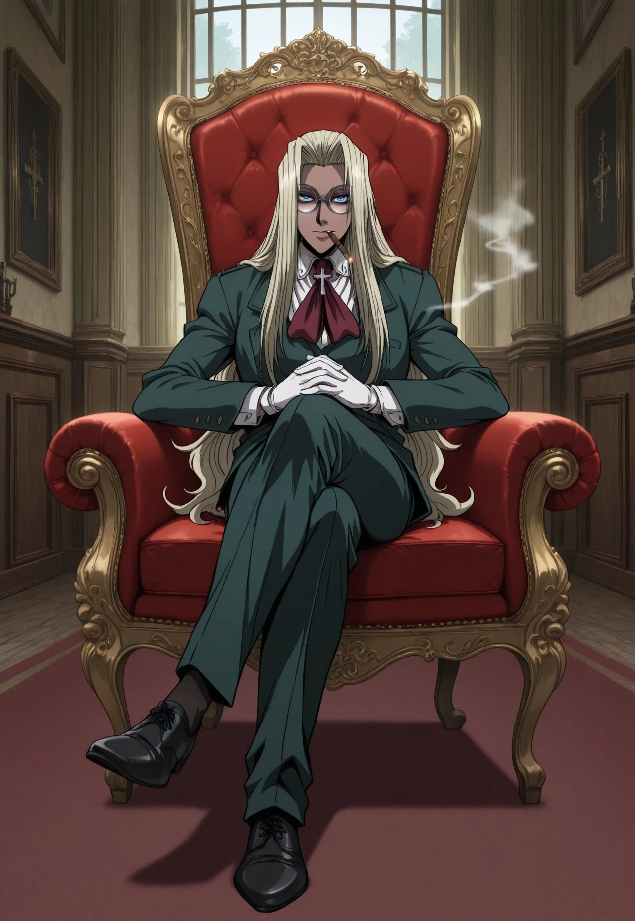 masterpiece,best quality,amazing quality, IntegraHellsing, 1girl, solo, blonde hair, very long hair, dark skin, blue eyes, glasses, round eyewear,red ascot, cross, green jacket, white shirt, white gloves, green suit, green pants, black shoes, sitting, chair, interlocked fingers, cigar, smoking, mouth hold, smoke, indoors, manor, day, perspective, dynamic pose,