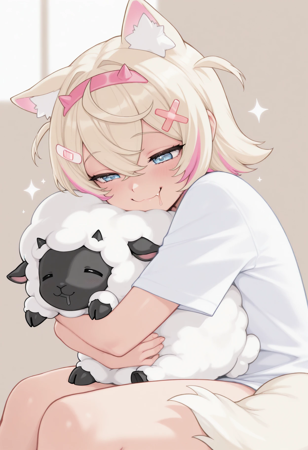 masterpiece, best quality, 1girl, solo, MoccAg, blue eyes, short hair, blonde hair, pink streaks, streaked hair, dog ears, hairband, hairclip, tail, sparkles, big smile, wholesome, hugging, hug, hugging sheep, sheep, looking at sheep, drooling, hungry, fang, <lora:ChamMococoAbyssgardIllustriousXL:1>