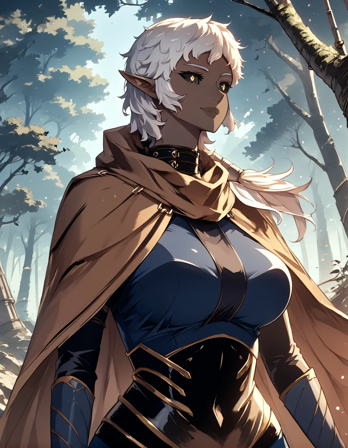 <lora:Camil-000004:1>
pointy ears, black sclera, dark skin, White hair,dark elf, elf, yellow eyes, brown cape, <lora:!action-sdxl-V0.5:1>
score_9, score_8_up, score_7_up, very aesthetic, source_anime, detailed, high quality, beautiful, masterpiece, detailed eyes, forest, tree, ruins, cowboy shot, dynamic angle, upper body, light smile, big breasts, dynamic pose  <lora:light:1> <lora:Eyes_High_Definition:1>