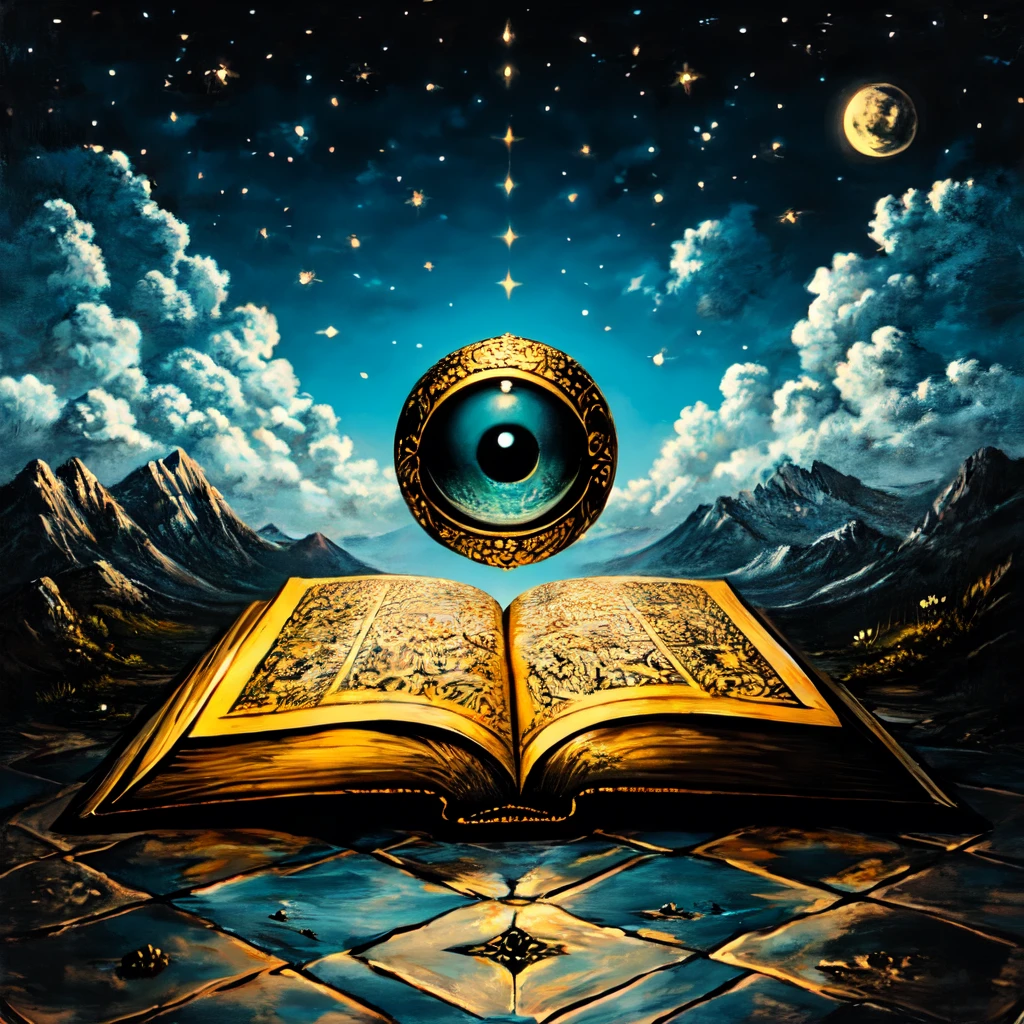 <lora:Dreamlike_surrealist_paintingSD1:1> ArsMJStyle, Dreamlike surrealist painting, The image is a painting of an open book lying on a checkered floor in front of a mountainous landscape. The book is open to a page with text written on it and the pages are filled with intricate patterns and illustrations. In the center of the image there is a large ornate gold frame with a blue eye in the center. The eye is surrounded by a golden border and is set against a dark blue sky with white clouds. Above the eye there are two small figures one of which appears to be a bird and the other of which is a birdcage. The background is filled with a mountain range and a full moon and there are a few birds flying in the sky. The overall mood of the painting is mystical and mystical., no humans, cloud, sky, moon, scenery, book, planet, star (sky), fantasy, open book