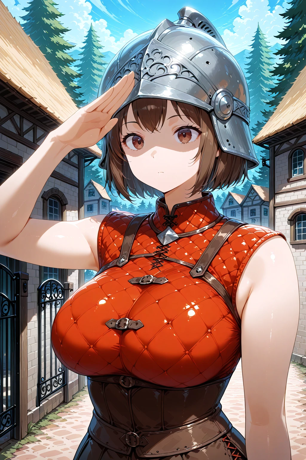 1girl, solo, gambeson shirt, <lora:Gambeson Shirt Illustrious:0.6>, sleeveless shirt, helmet, large breasts, shaded face, expressionless, gate, town, forest, salute