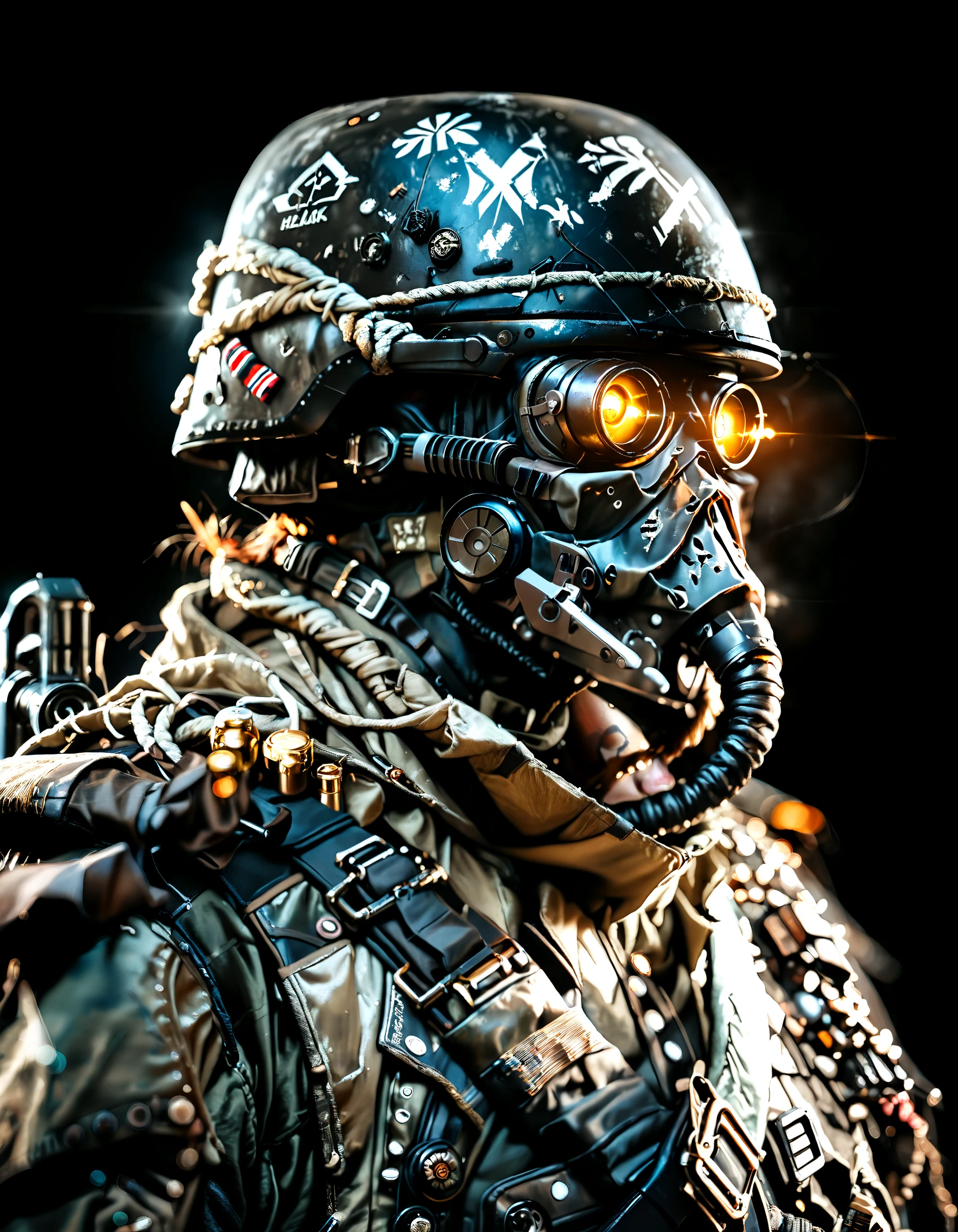 Close-up of a ((zombie warior)) , half human, half tiger, their faces partially obscured by military helmets. Their eyes are filled with sadness and longing. The background is a trail of blood and violence. He wears a mechanized robot armor, carved with animal elements, human skulls. The sky is filled with swirling, fiery clouds. The photo conveys a strong sense of the warrior's appearance.