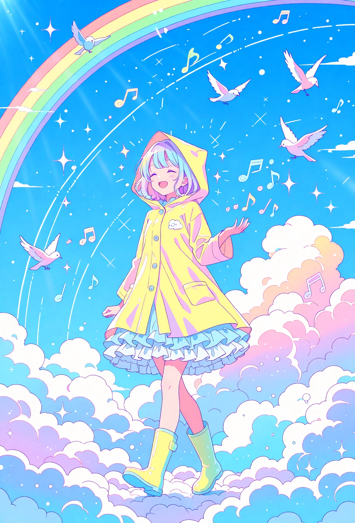 1girl, solo,
best quality, good quality,
raincoat, frilled skirt, rubber boots, blue sky, walking, on cloud, happy, humming, musical note, rainbow, sparkle, sunlight, bird, full body, 
pastel colors, colorful