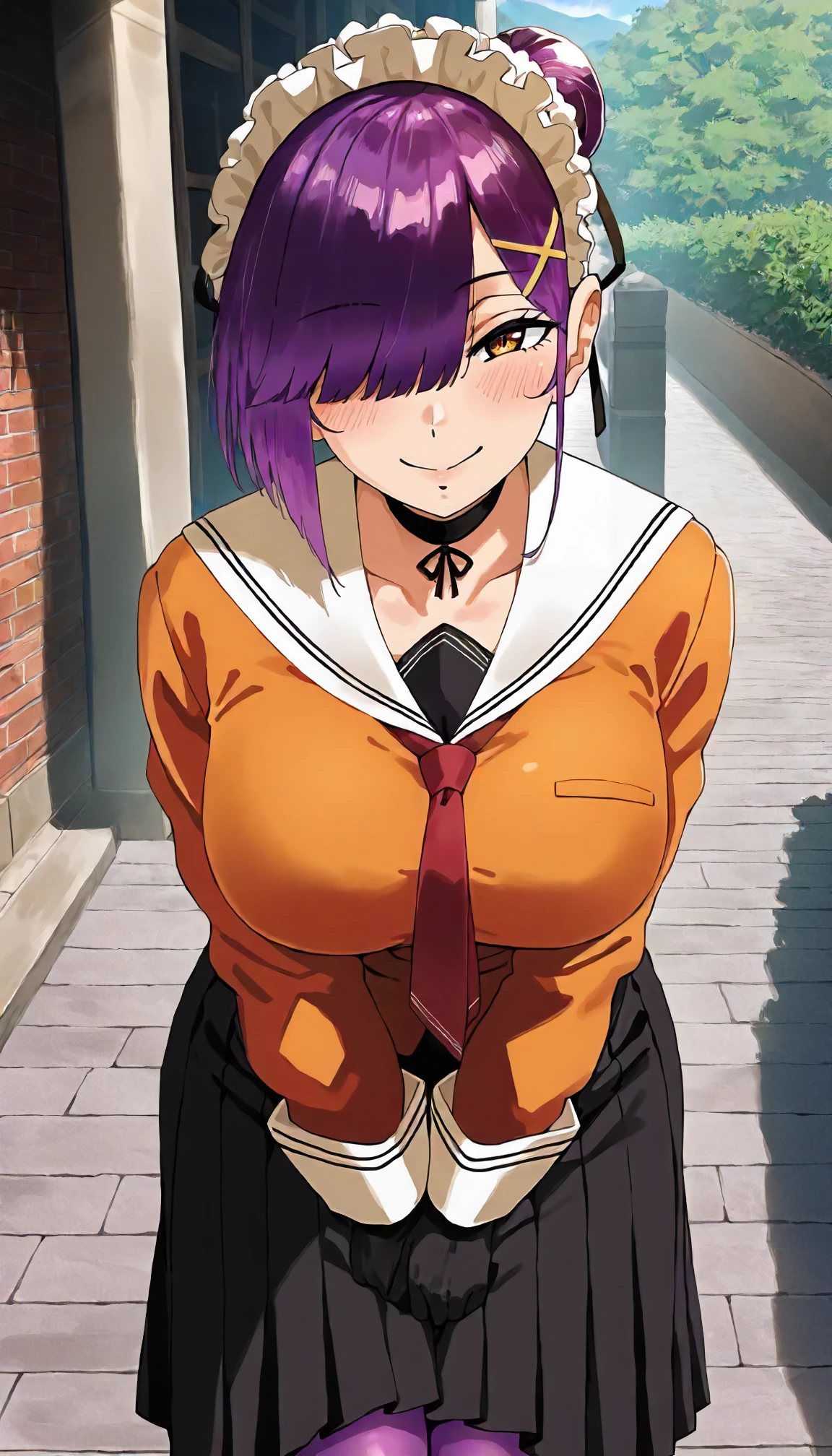 <lora:VE_kunisaki_sachiXLIllustrious001>,
masterpiece,best quality,good quality,newest,
outdoors,
smile,
looking at viewer,
solo,
anime coloring,
kunisaki_sachi\(virgin_eaters\),1girl,purple hair,single hair bun,maid headdress,hair over one eye,x hair ornament,brown eyes,
large breasts,
choker,
white sailor collar,orange jacket,red necktie,long_sleeves,
black skirt,pleated_skirt,long_skirt,
black gloves,
purple pantyhose,