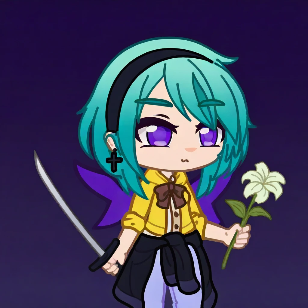 red hair, earrings, virtual youtuber, light blue pants, yellow jacket, large dark purple eyes, brown bowtie, green cloak, gachamezumi, turquoise hair, green bow, tomixity, holding sword, purple wings, black hairband, black coat, holding flower, jacket around waist
