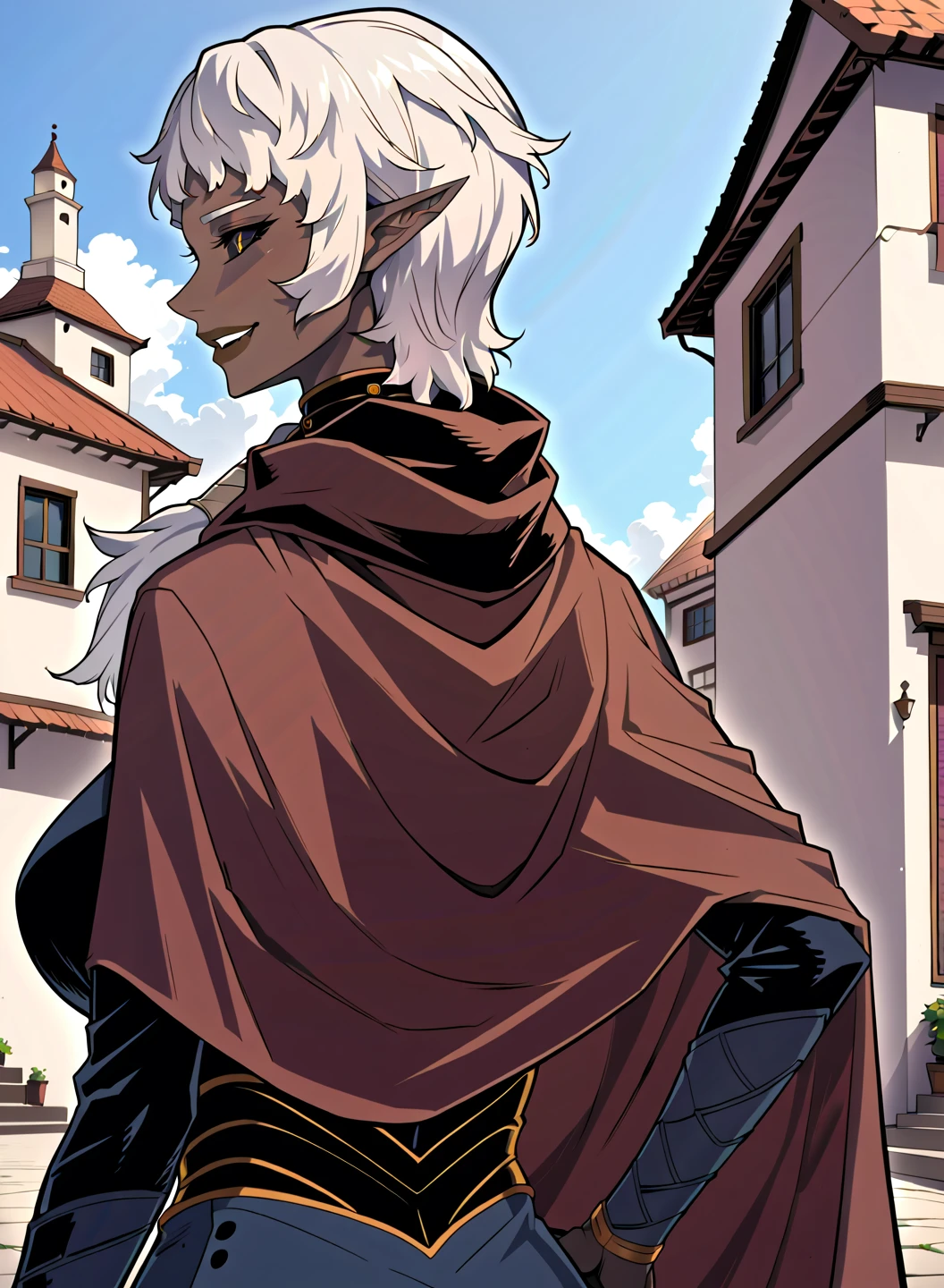 score_9, score_8_up, score_7_up, very aesthetic, source_anime, outdoor, village, <lora:lightXL:0.8> cowboy shot, upper body, close up, from behind, looking back, light smile, hand on hip,
<lora:Camil-000004:1>, pointy ears, black sclera, dark skin, White hair,dark elf, elf, yellow eyes, brown cape, <lora:!action-sdxl-V0.5:1>, zPDXL