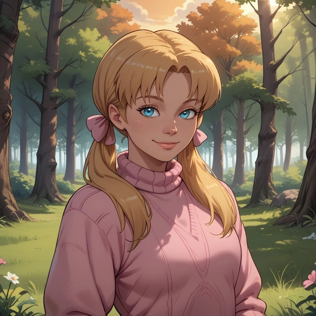 score_9, score_8, BREAK, solo, Kim Cherrywood, 1girl, blue eyes, blonde pigtails, pink sweater, pink bows, jeans, sexy pose, self portrait, smile, outdoors, sunlight, shadows, evening lighting, natural lighting, forest, trees, grass, orange sky, sunset