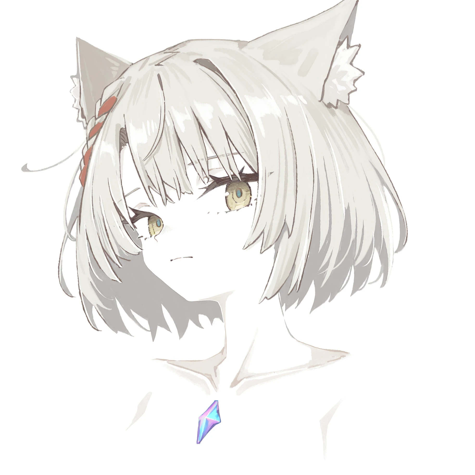 High quality, monocrhome, grayscale, 1girl, ((((Candy Candy anime style)))), (wolf girl, wolf ears, wolf tail), animal ears, animal tail, ((((short hair)))), ((silver white hair)), hair clip, ((hair tap eye)), long eyeslashes, eyeliner, (((small breasts, nude, small snipples, pussy))), ((timid pose)), ((worried, sad expression, mellancholic look)), portrait, close-up, (white background), closed_mouth, blush, eyelashes, detailed shadows, detailed body, detailed eyes, detailed lines, (((manga coloring, manga cover, 4K, character design))).