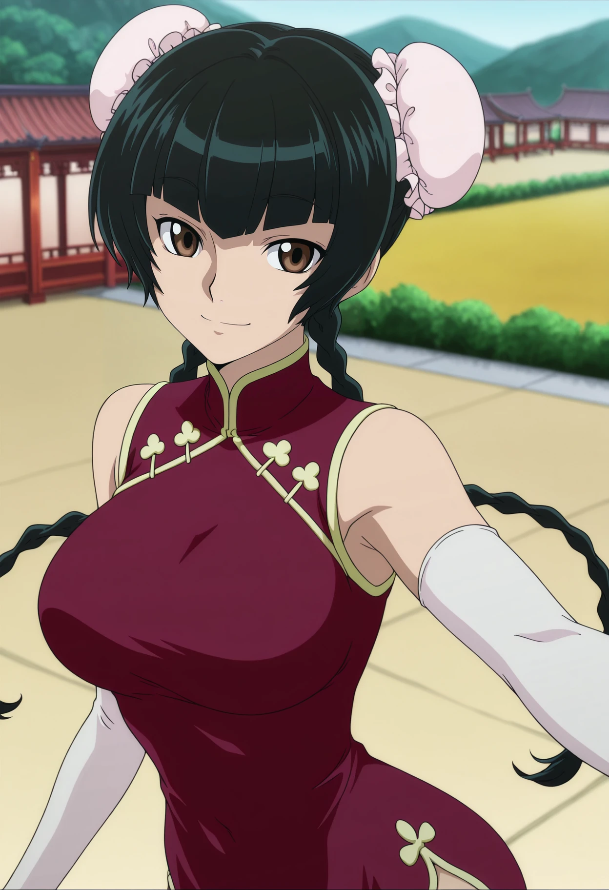 1girl,solo,mm,mature female,black hair,long hair,brown eyes,large breasts,anime coloring,
twin braids,double bun,bun cover,china dress,elbow gloves,looking at viewer, outstretched arm, smile,outdoors
,masterpiece,best quality,amazing quality,<lora:Wang_Liu_Mei-Gundam_00_Season1_r2:0.8>