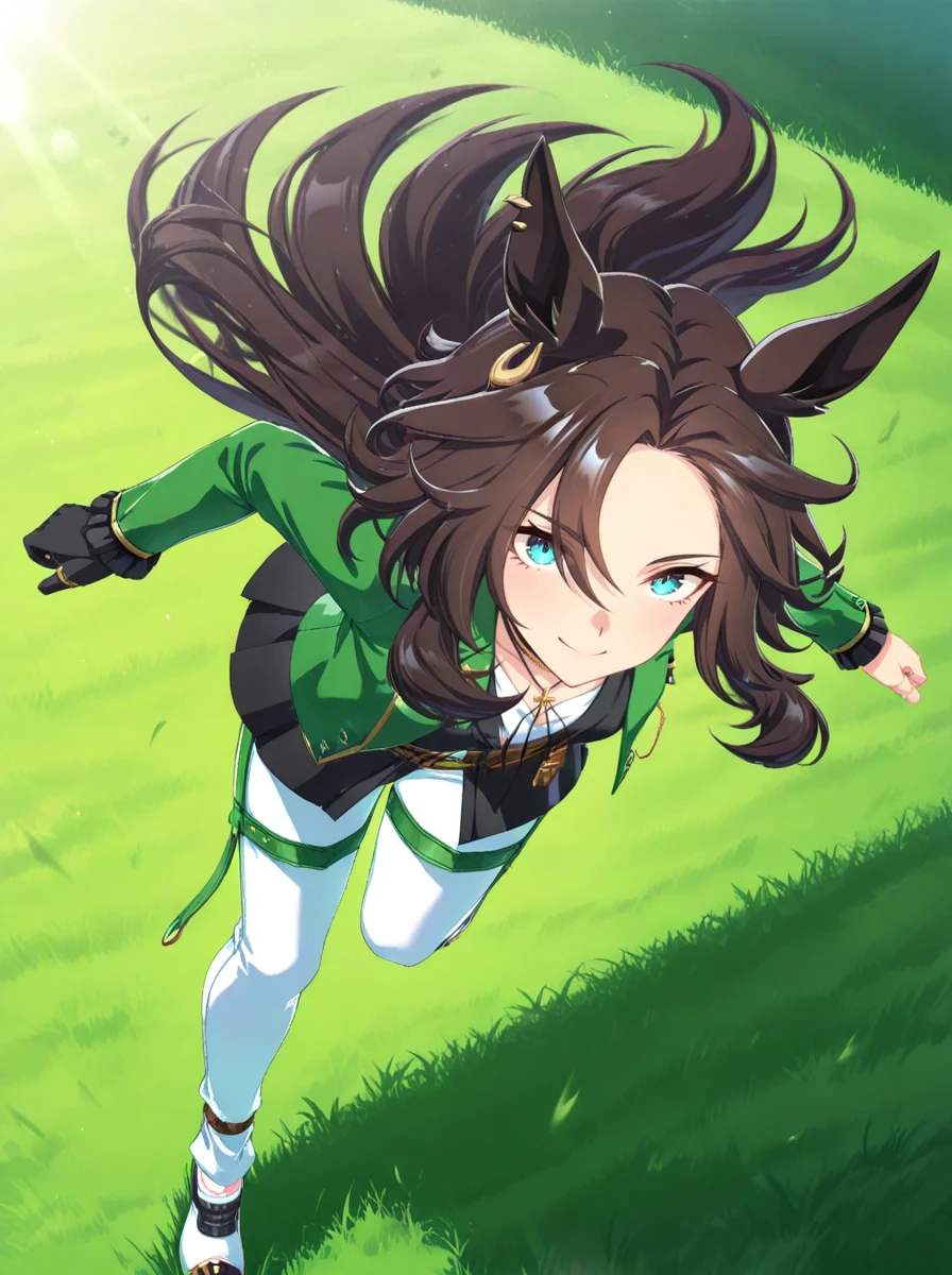 masterpiece, best quality, absurdres,ultra detailed,floating hair,
speed symboli\(umamusume\), 1girl, horse ears, ear ornament, horse tail, full body, looking at viewer, green jacket, white pants, pendant choker, standing, outstretched arm, arm at side, ring, smile, long sleeves, white footwear, single black gloves, black vest, waist brown belt, green leg harness belt, white shirt
big smile,
on grass, dynamic pose, dynamic angle,running,
motion blur, lens flare,
<lora:ILL_speed_symboli_ver1.0:0.85>