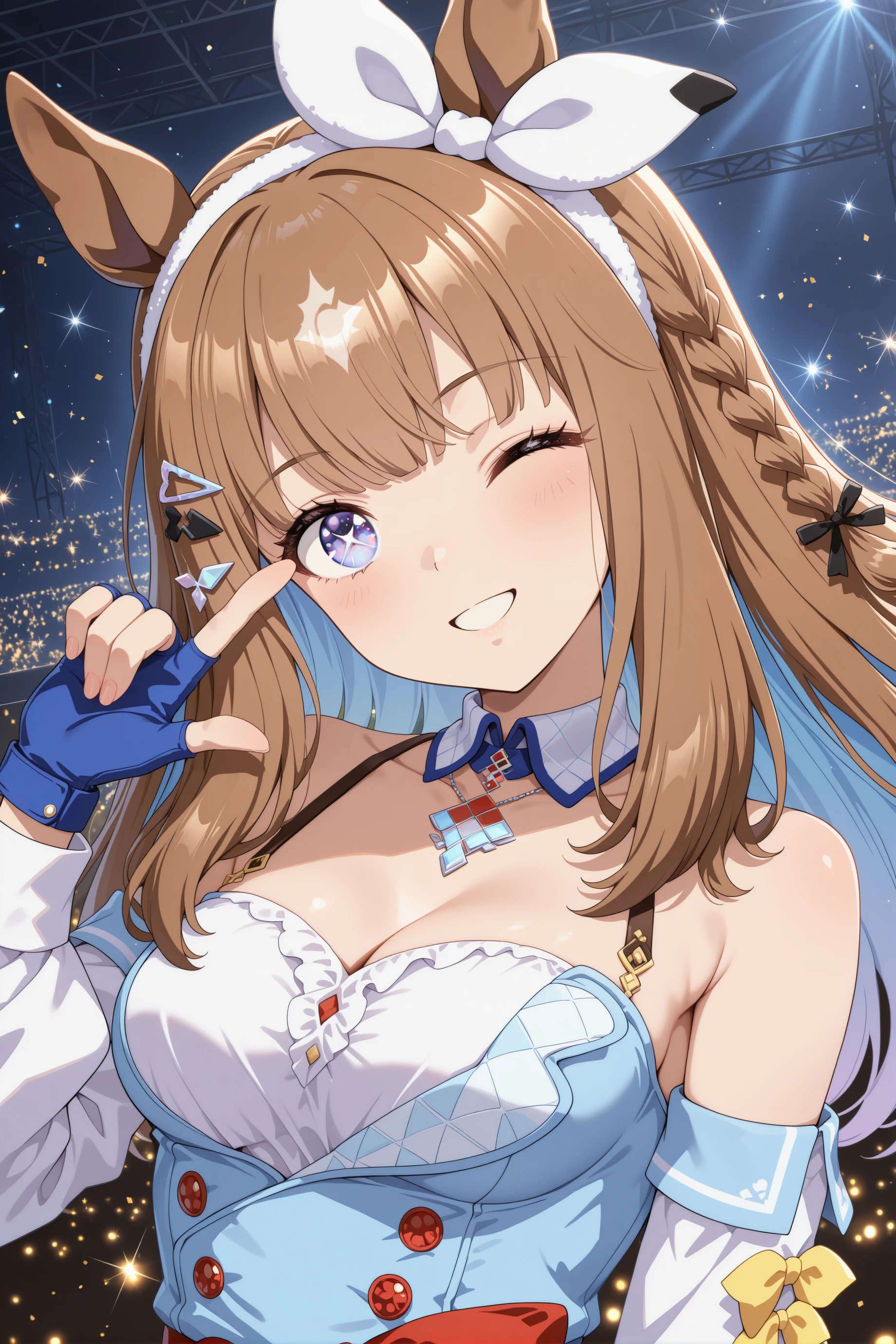 1girl, almond eye (umamusume), horse girl, animal ears, horse ears, medium breasts,solo,
blue eyes, x-shaped pupils, sparkling eyes,
brown hair, blue hair, long hair, side braid, hairclip, diamond hair ornament, colored inner hair,
headband, hairband, fingerless gloves, blue gloves,
<lora:almondeye_Illust_v2:0.8>
blue dress, detached sleeves, frills, bare shoulders, bow, headband, hairband,
ribbon ,necklace, jewelry,
concert, smile, happy,looking at viewer, stage,pointing at self ,finger to eye,hand up, upper body, head tilt ,one eye closed, dutch angle,
(masterpiece, best quality, newest, highres), (anime coloring:1.4), (anime screenshot:1.1),