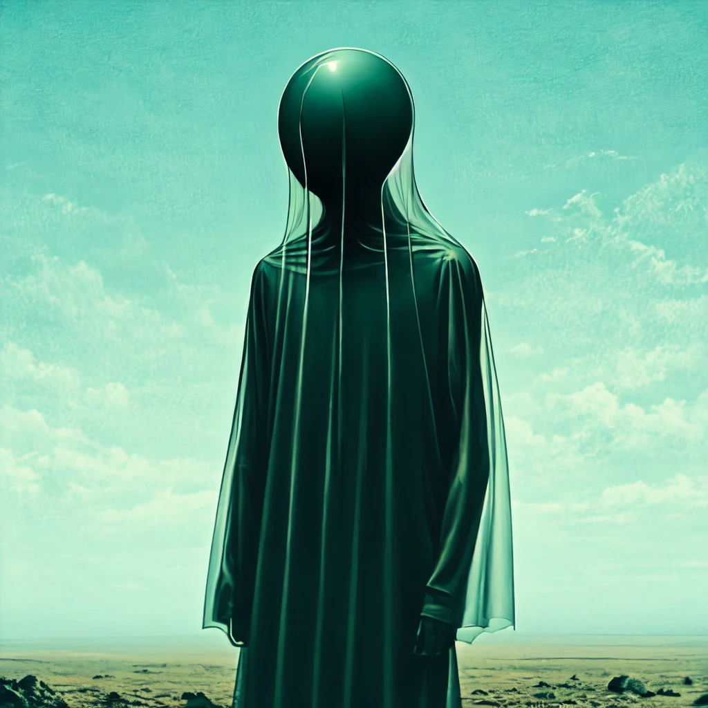 <lora:Dreamlike_surrealist_paintingSD1:1> ArsMJStyle, Dreamlike surrealist painting, The image is a digital painting of a person standing in a barren landscape. The person is wearing a long flowing white robe that covers their head and shoulders. The robe is draped over their body covering their face and head. The background is a pale blue sky with white clouds scattered across it. The ground is barren and barren with no vegetation or vegetation visible. The overall mood of the image is somber and desolate., solo, sky, desert, outdoors, veil, day, cloud, see-through, male focus, 1boy