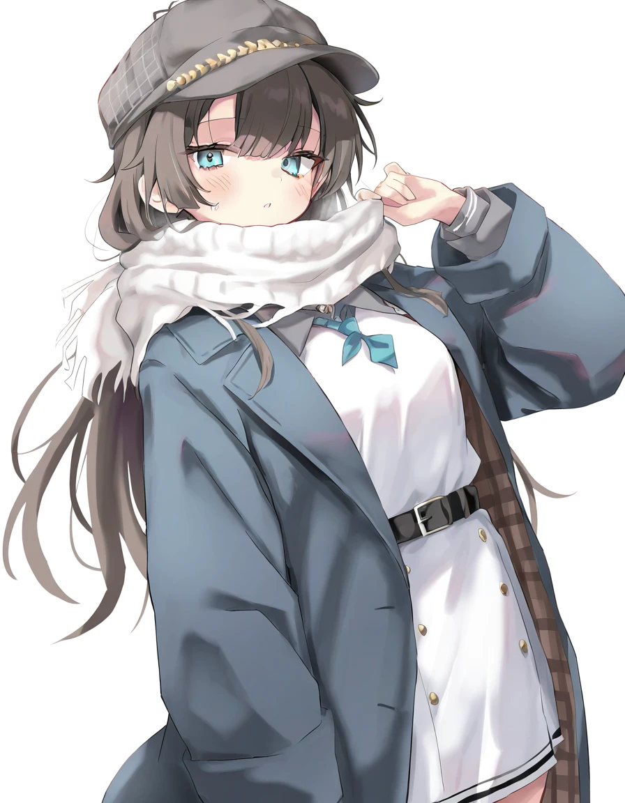 1girl,solo,looking at viewer,simple background,white background,cowboy shot,marcus,hat,<lora:marcus-000008:1>,, masterpiece, best quality, very aesthetic, absurdres,newest, incredibly absurdres,, toshizou \(0714\)