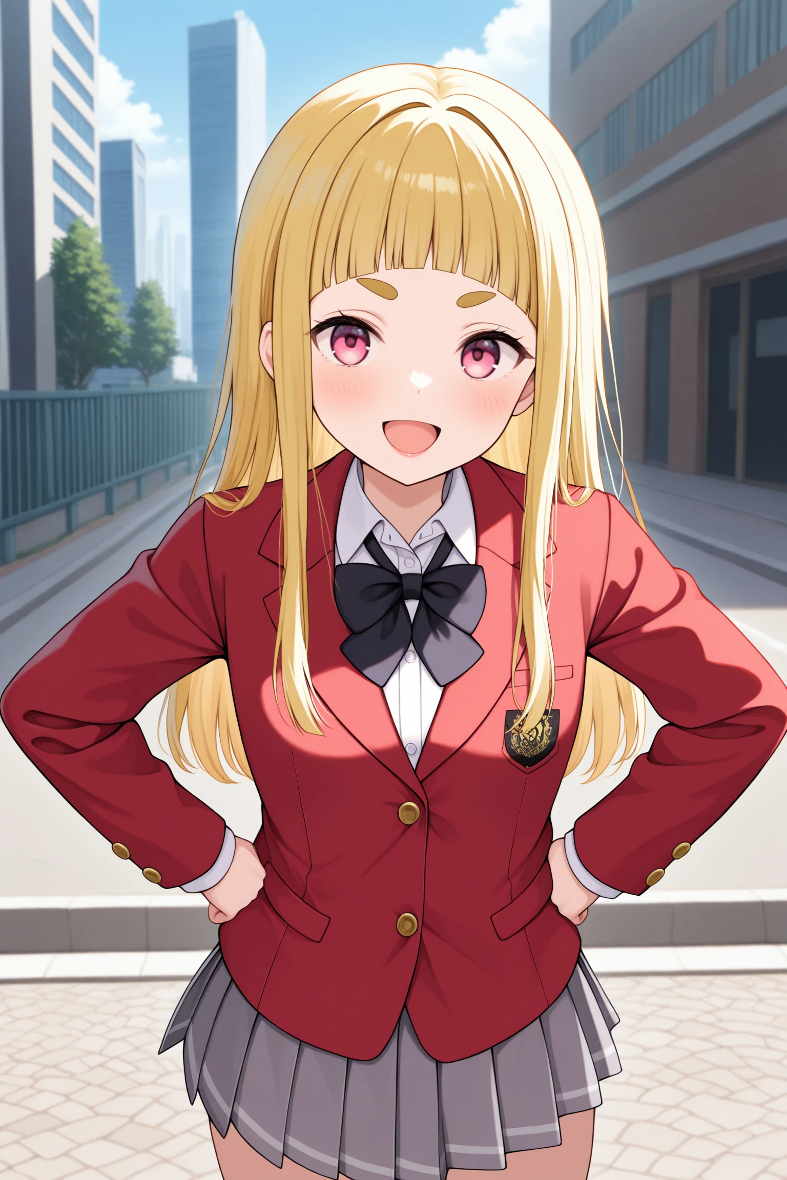 masterpiece, best quality, very aesthetic, yomogidasumire, solo, outdoors, city, blonde hair, blunt bangs, long hair, thick eyebrows, pink eyes, small breasts, red jacket, blazer, long sleeves, black bowtie, collared shirt, hands on hips, white shirt, grey skirt, pleated skirt, school uniform, smile, open mouth, :d, pink lips, <lora:Yomogida-Sumire:0.7>