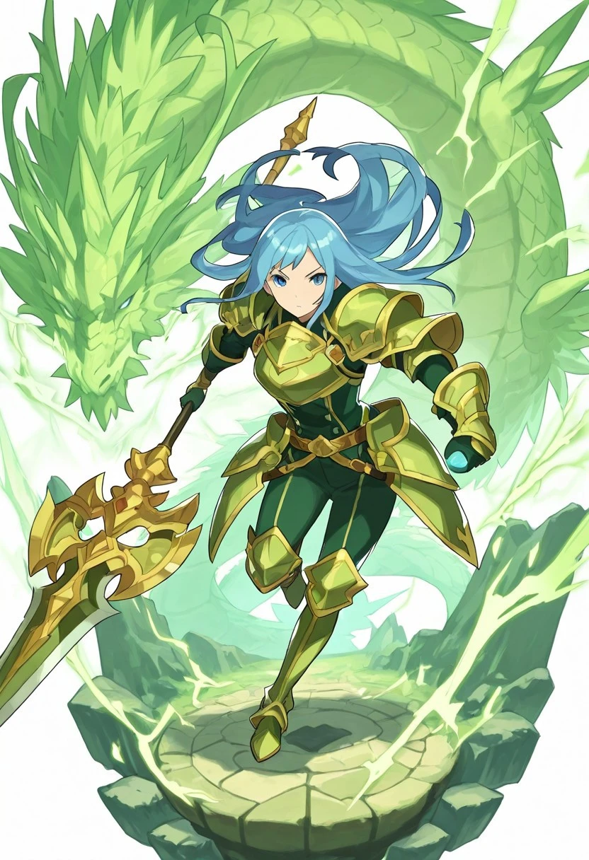 Masterpiece, best quality, 1boy, solo, male focus, white background, BREAK
dragalia lost, 1girl, armor, weapon, dragon, polearm, holding, long hair, holding weapon, blue hair, shoulder armor, blue eyes, duel monster, faux figurine, electricity, looking at viewer, white background, solo, green theme, electricity, mane, big roar, gloves
