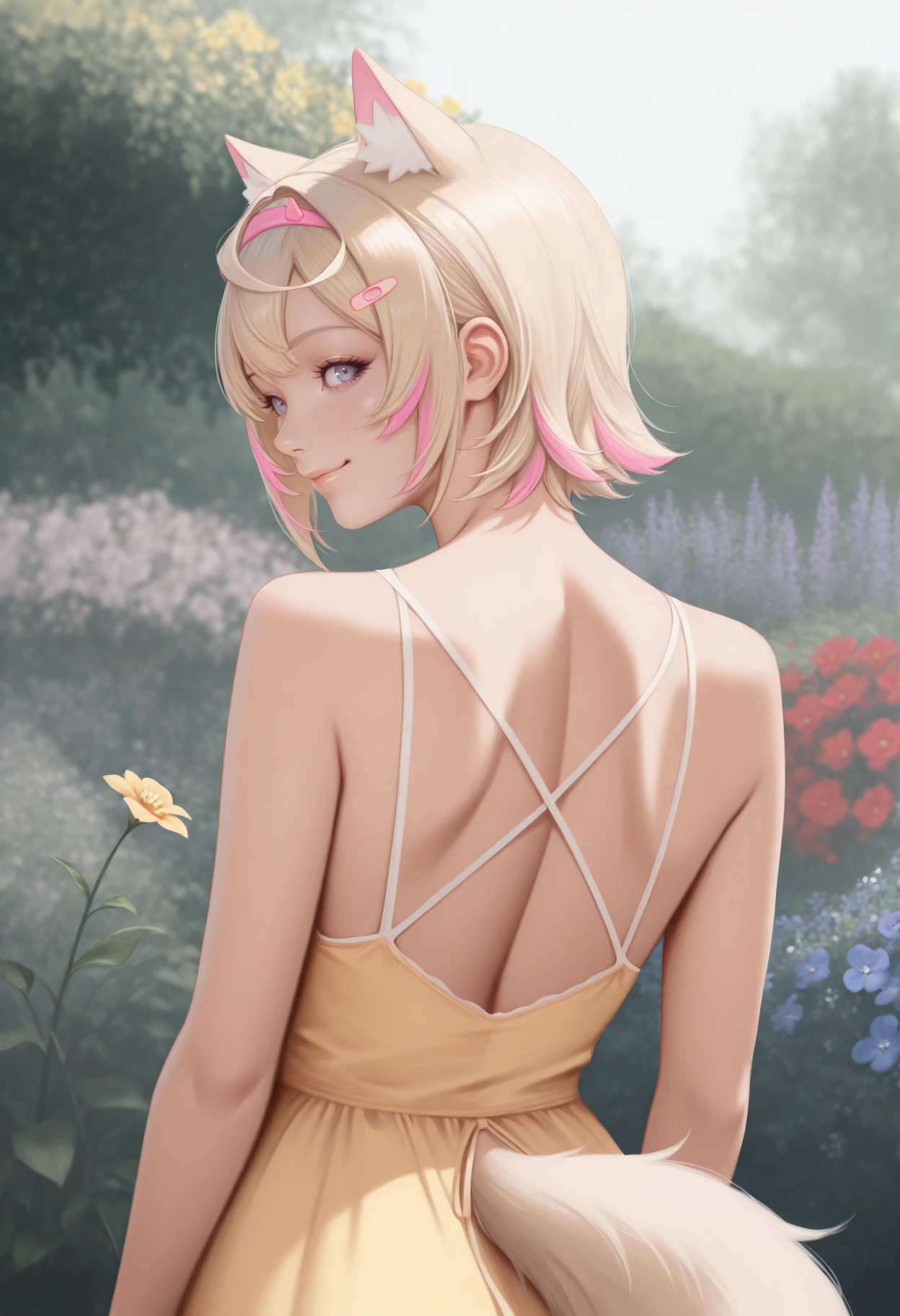 masterpiece, best quality, 1girl, solo, MoccAg, short hair, blonde hair, pink streaks, streaked hair, dog ears, hairband, hairclip, tail, realistic, from behind, outdoors, garden, flower, red flower, blue flower, purple flower, yellow flower, looking back, yellow sundress, shoulder blades, sleeveless, smile, <lora:ChamMococoAbyssgardIllustriousXL:1>