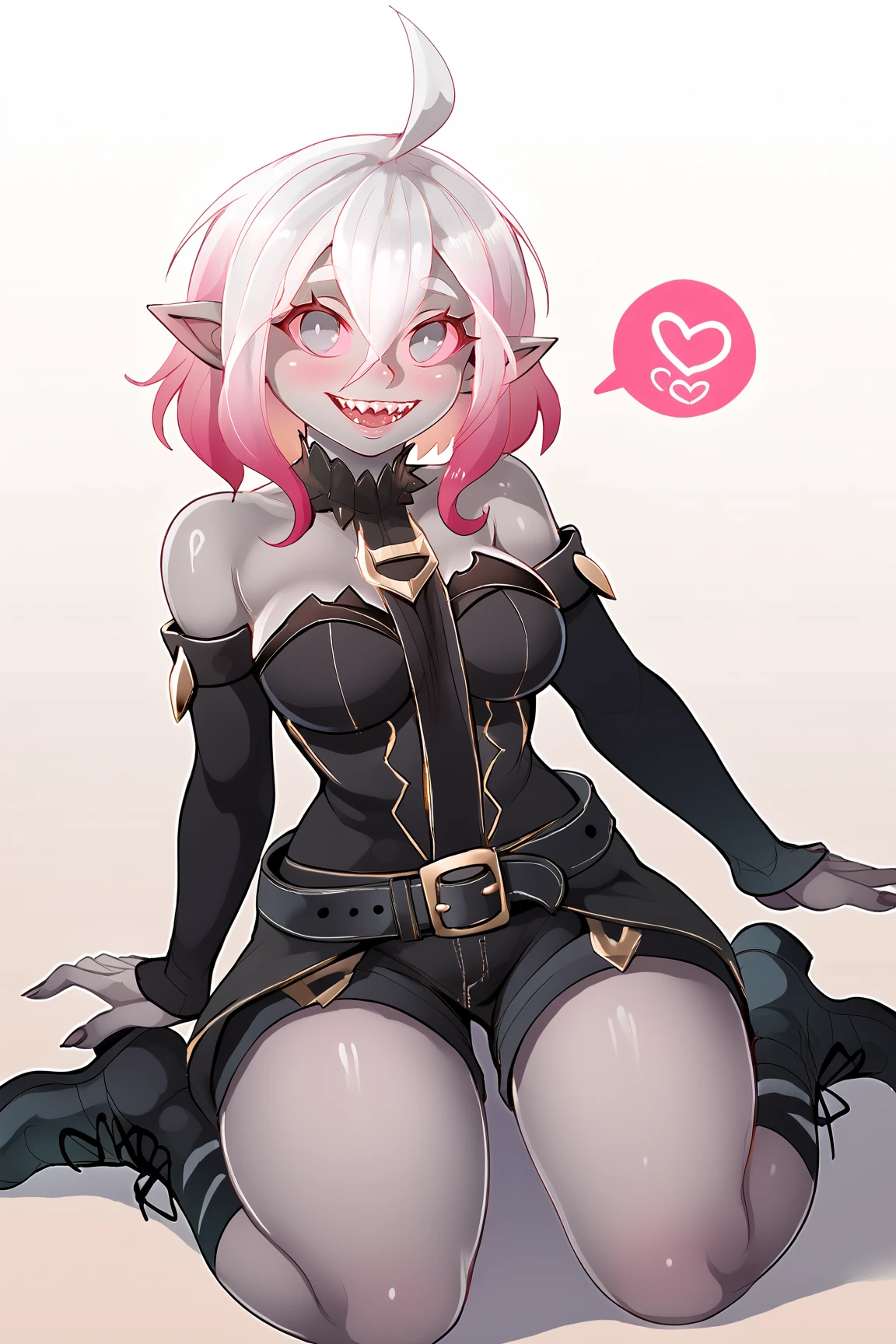 score_9, score_8_up, score_7_up, score_6_up, BREAK, BriarLoLXLv2, grey skin, colored skin, no pupils, grey eyes, pink sclera, white hair, pink hair, two-tone hair, gradient hair, short hair, hair between eyes, ahoge, pointy ears, sharp teeth, medium breasts, bare shoulders, black thight dress, detached sleeves, black bandaged sleeves, black shorts, belt, (black bandaged legwear), toeless legwear, sitting, ((bellow view)), looking at viewer, seductive smile, naughty face, nose blush, white background, simple background <lora:BriarLoLXLv2:0.8>, BesthetzStylePXL <lora:BesthetzStylePXL:1>