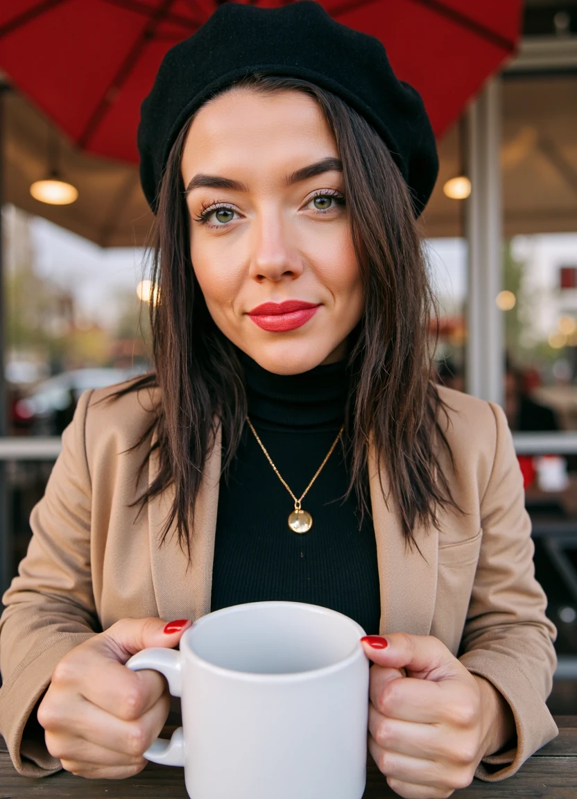 SFW, brightly lit, aidmaimageupgrader, A portrait of a woman seated at a table in an outdoor cafe. She wears a blazer and a black turtleneck sweater, accessorized with a black beret and a gold necklace with a pendant. She holds a white mug in her hands. Her nails are painted a vibrant red. The background is blurred, highlighting the woman as the main subject. The warm color palette is dominated by reds, blacks, and golds, creating a cozy and inviting atmosphere., looking at viewer, eyelashes, fine hair detail, entire hairstyle visible, perfect eyes with iris pattern, sensual lips, nose, (perfectly sharp:1.3), realistic textures, (deep focus:1.5), 8k uhd, dslr, ultra high quality image, film grain, Fujifilm XT3<lora:pony\Letha_Weapons_Pony_-_Adult_Actress_and_Model.safetensors:1.0:1.0> <lora:flux\custom\personal\jerz-jess.safetensors:1.05:1.05> <lora:turbo-8-step-flux.safetensors:0.5:0.5> <lora:flux\style\Common\aidmaImageUprader-FLUX-v0.3.safetensors:0.5:0.5>
