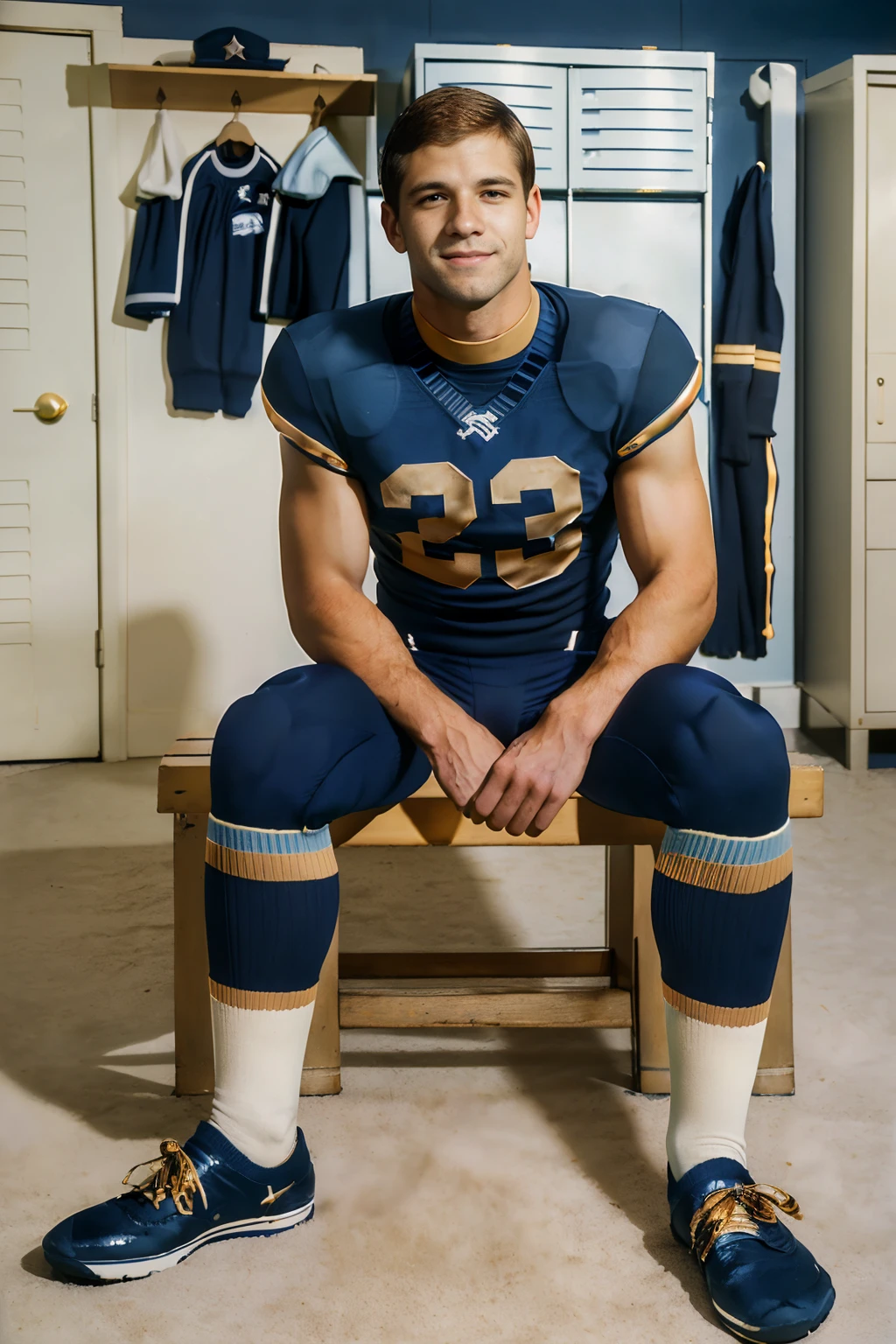 locker room, sitting on a bench, in front of lockers, smiling, RodBauer is a (American football player) wearing dark blue (football uniform:1.3), (dark blue jersey:1.3), (dark blue shoulder pads), jersey number 23, (dark blue football pants:1.4), (pale gold socks:1.4), long socks, (sneakers:1.4), (((full body portrait))), wide angle <lora:RodBauer-v4:0.8>